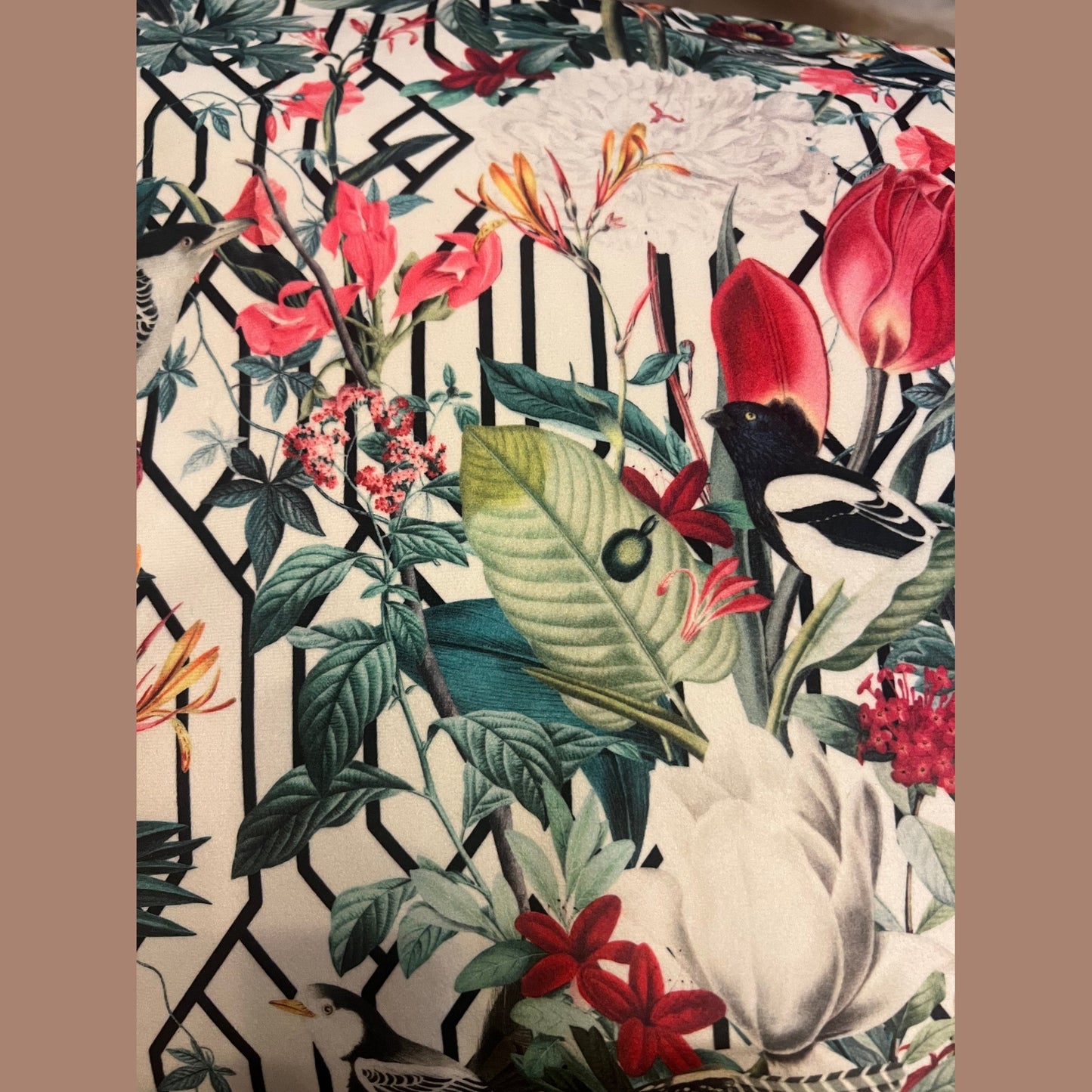 Geometric birds luxury white velvet cushion