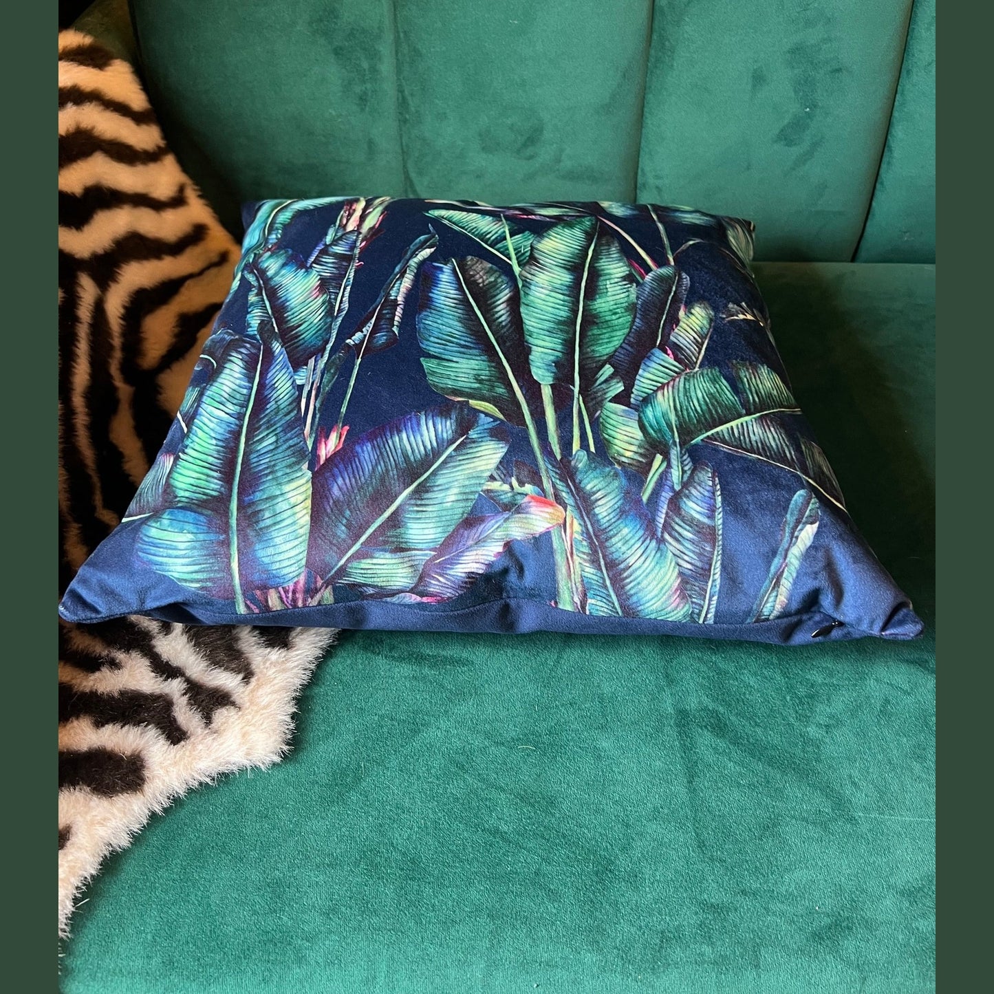 Palm leaf luxury navy velvet jungle cushion