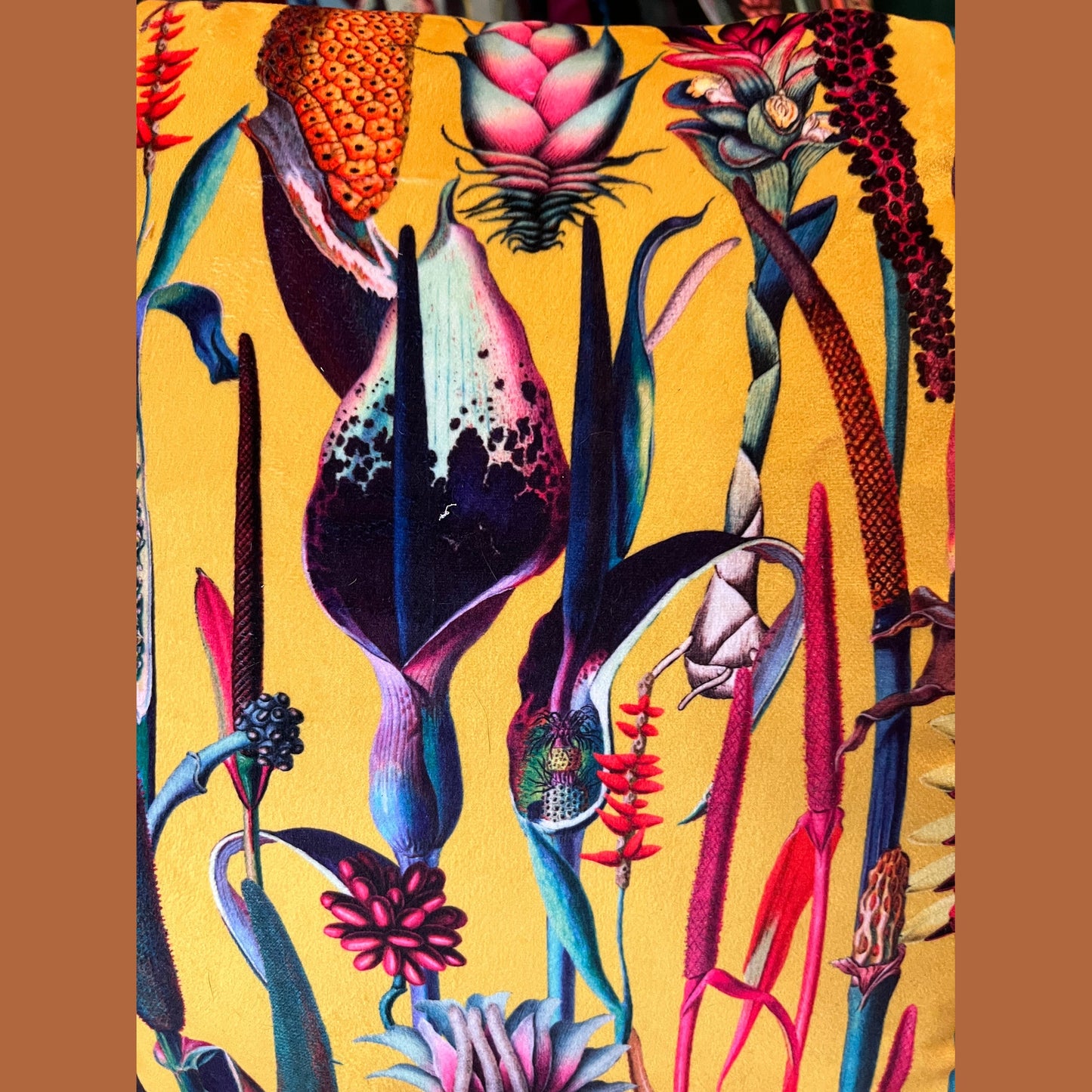 Yellow botanical lily velvet Footstool