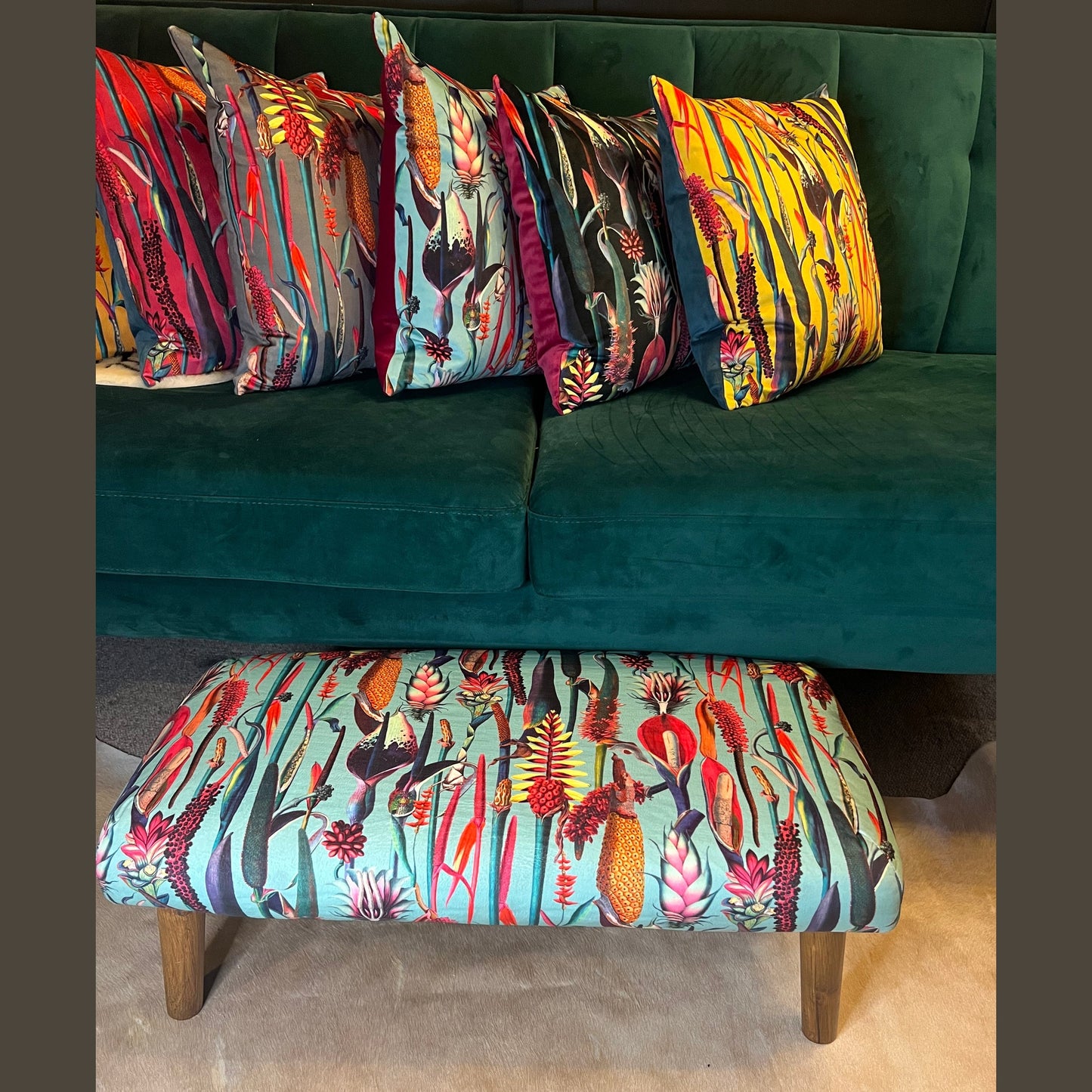 Turquoise botanical lily velvet Footstool