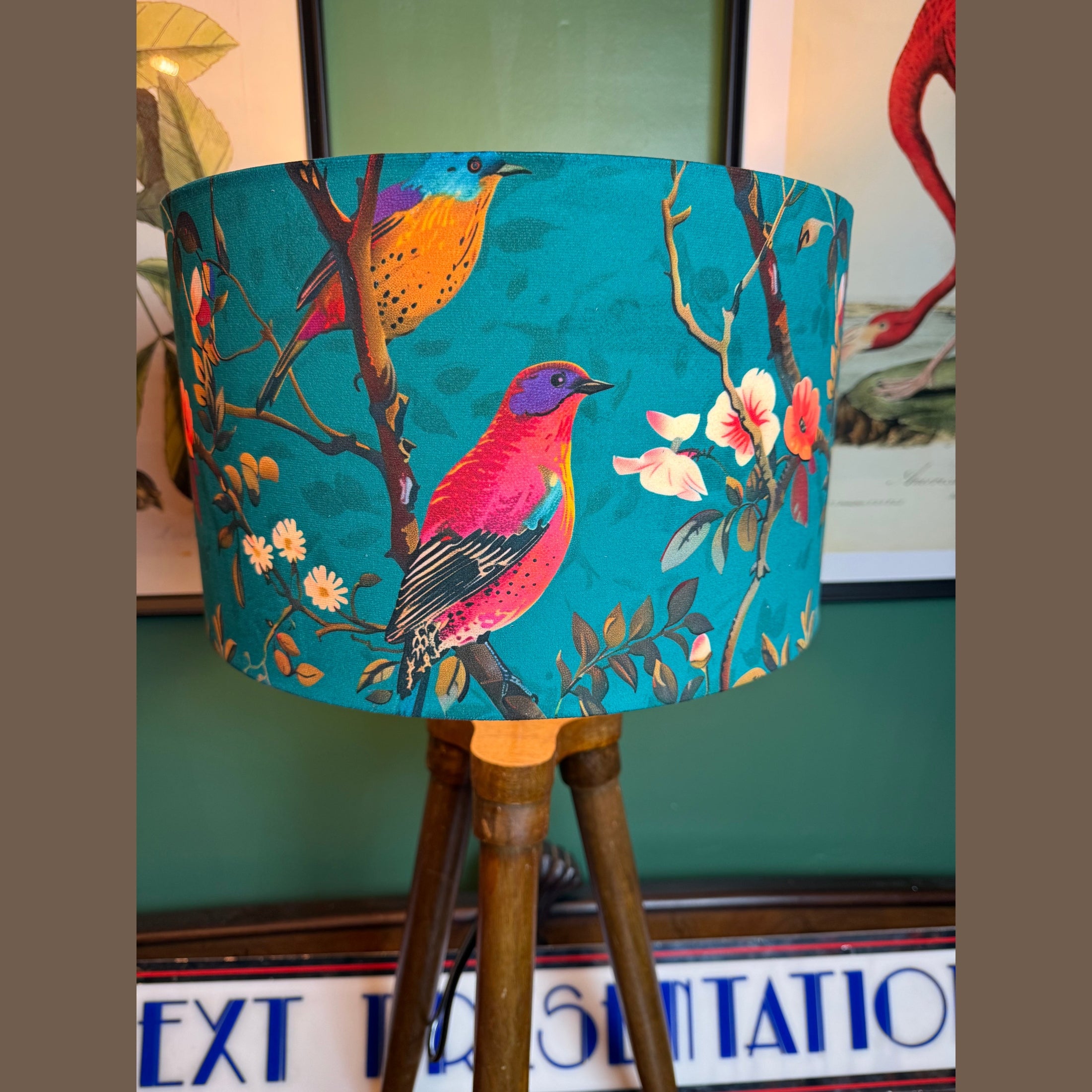 PERCHING BIRDS | TEAL & PINK VELVET | HANDMADE | Lampshade