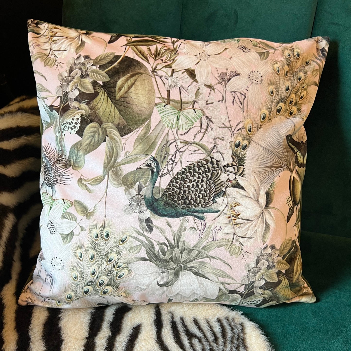 Peacocks and butterflies luxury pink velvet cushion
