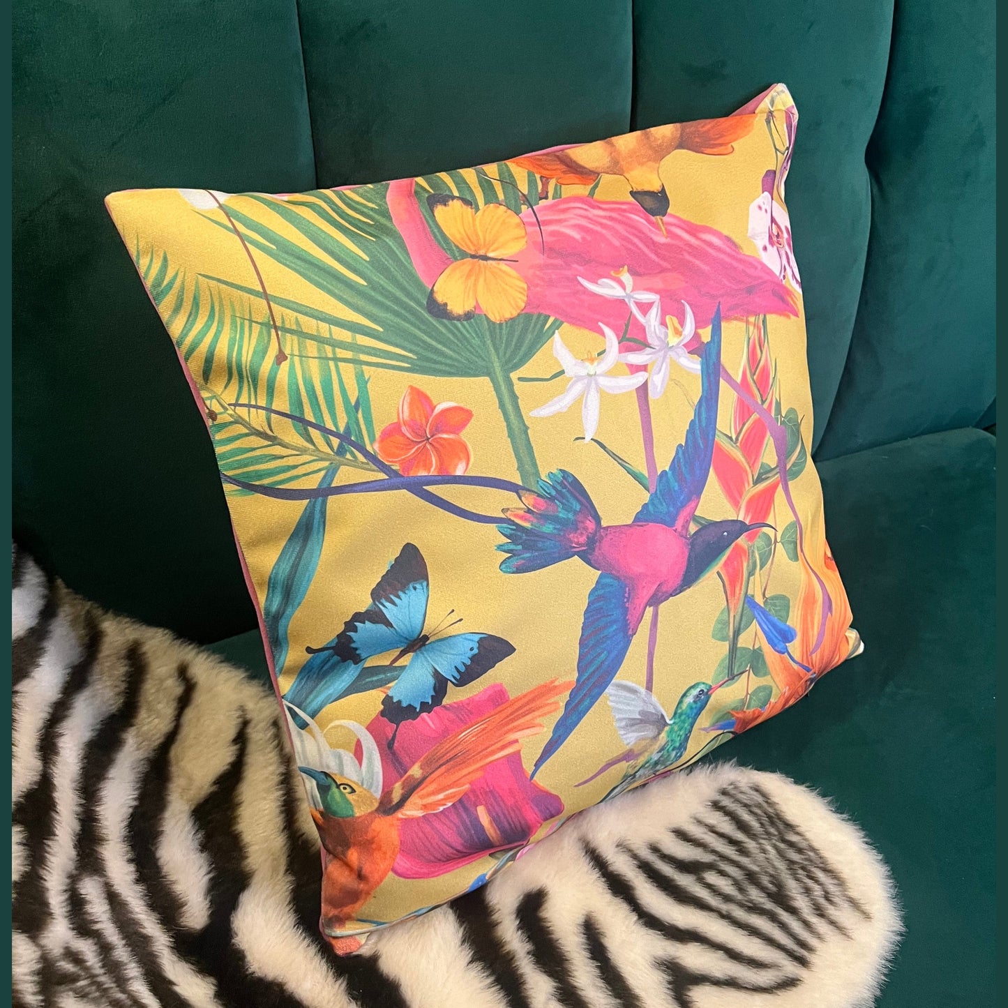 Tropical humming birds luxury velvet cushion