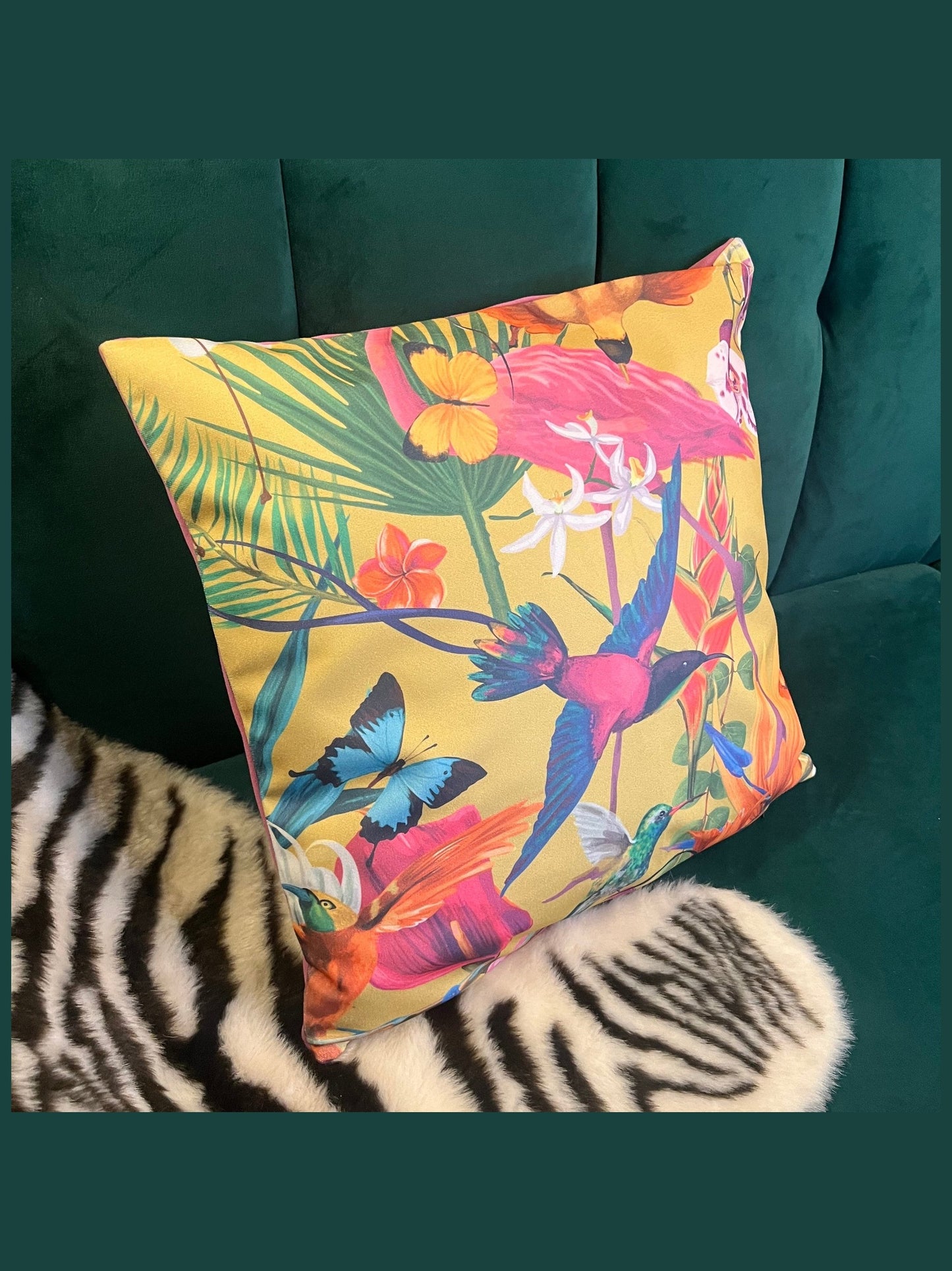 Tropical humming birds luxury velvet cushion