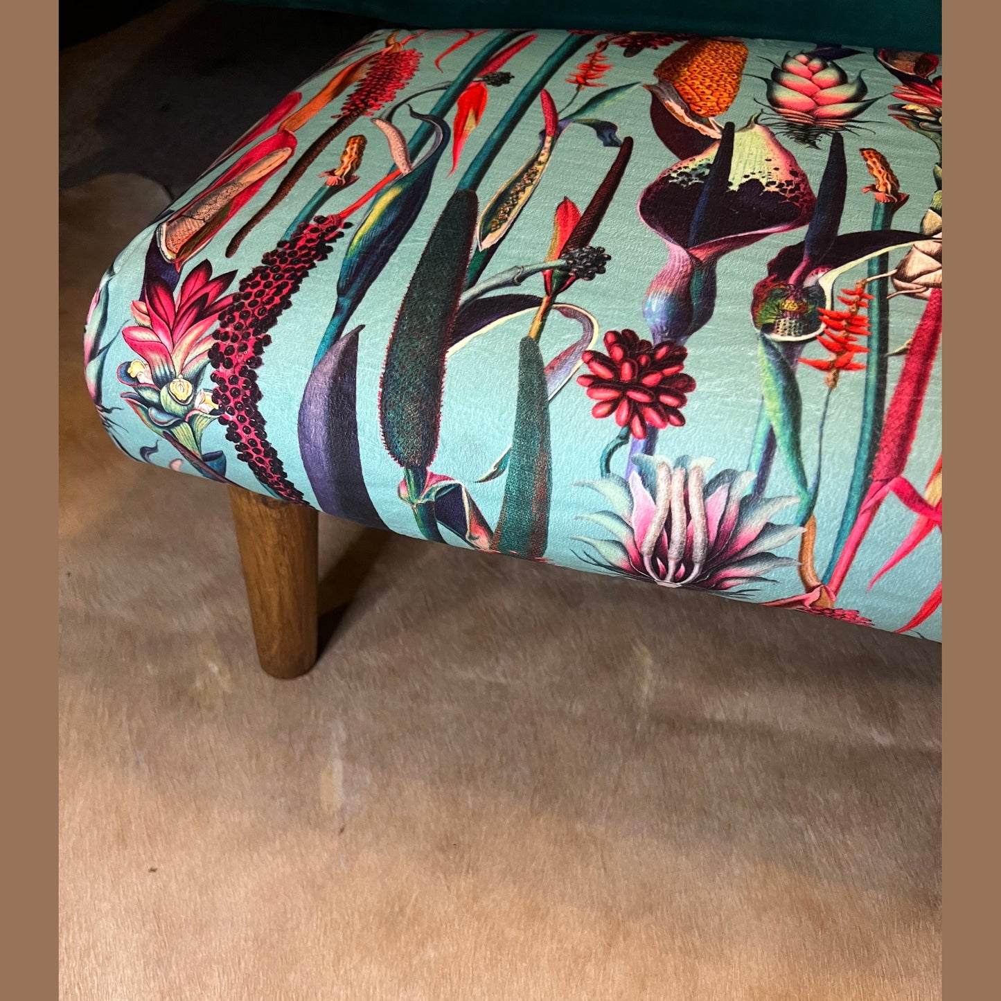 Turquoise botanical lily velvet Footstool