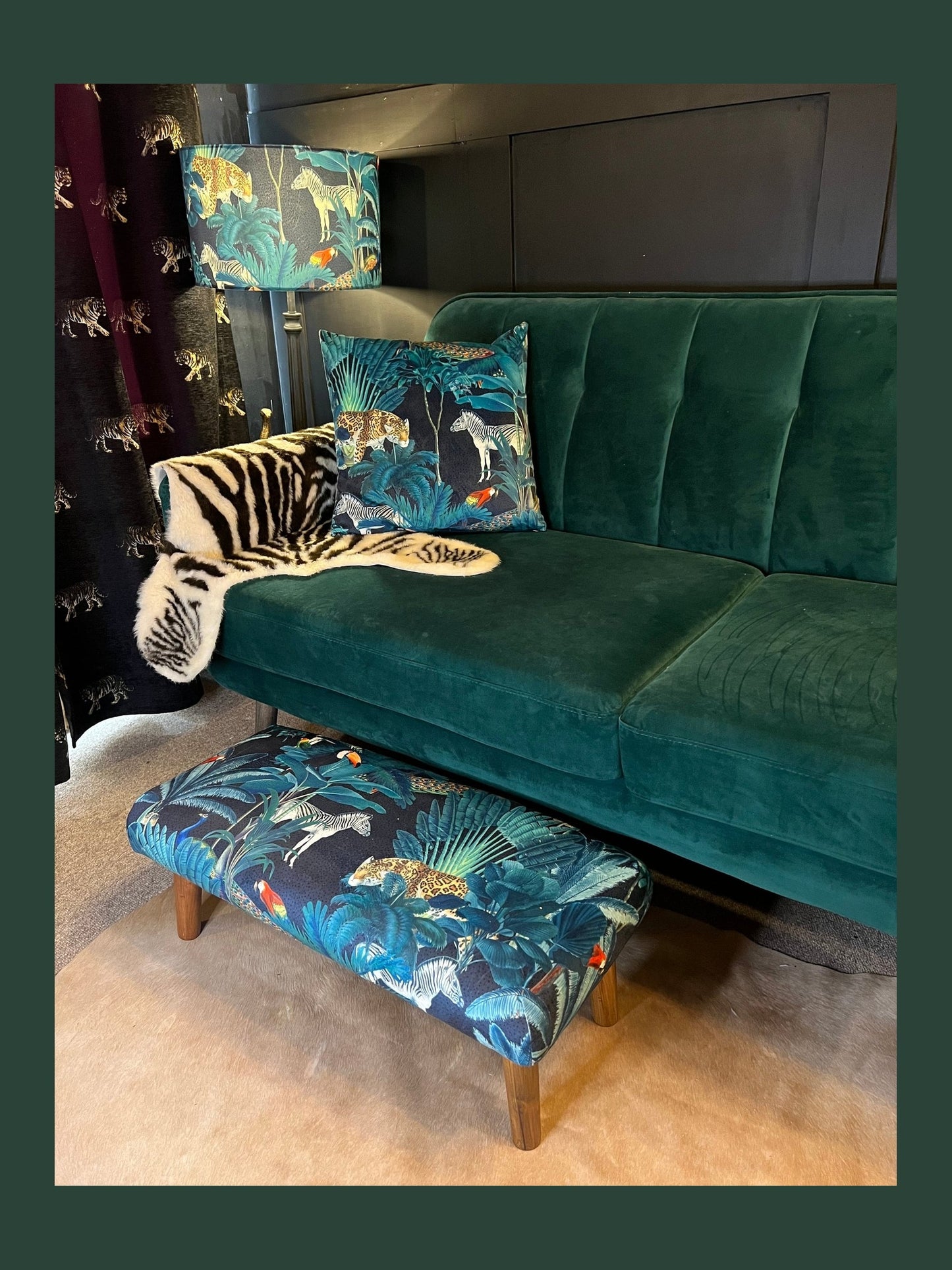 Tropical Jungle parrot & toucan velvet Footstool