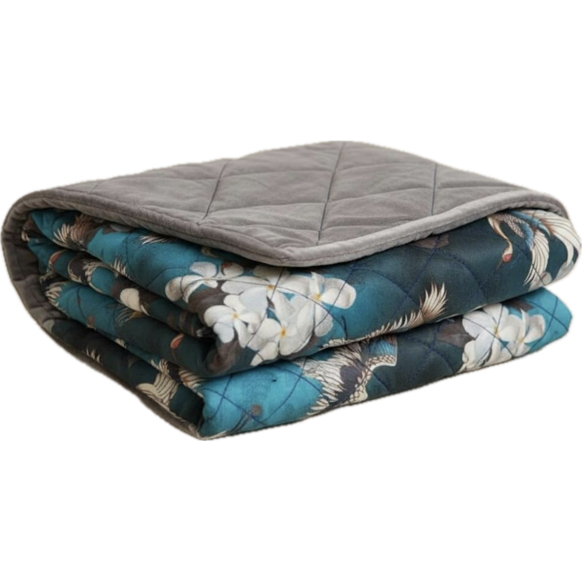 Japanese Cranes | Teal & Grey Velvet | Quilted Lapgan Throw