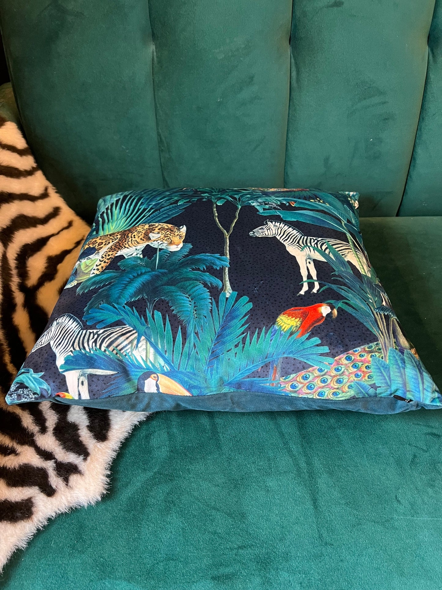 Tropical paradise parrot and toucan jungle velvet cushion