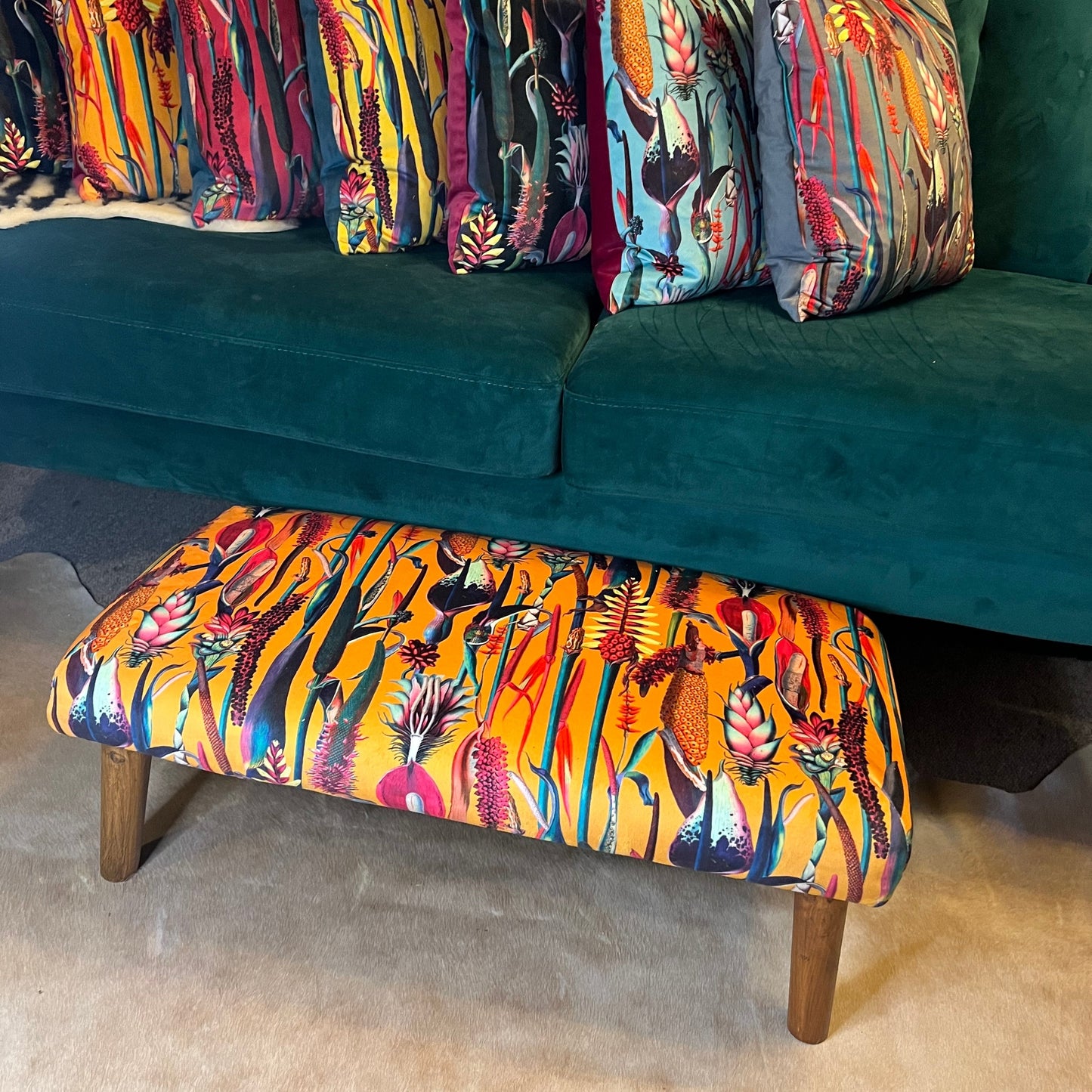 Botanical lily mustard velvet Footstool