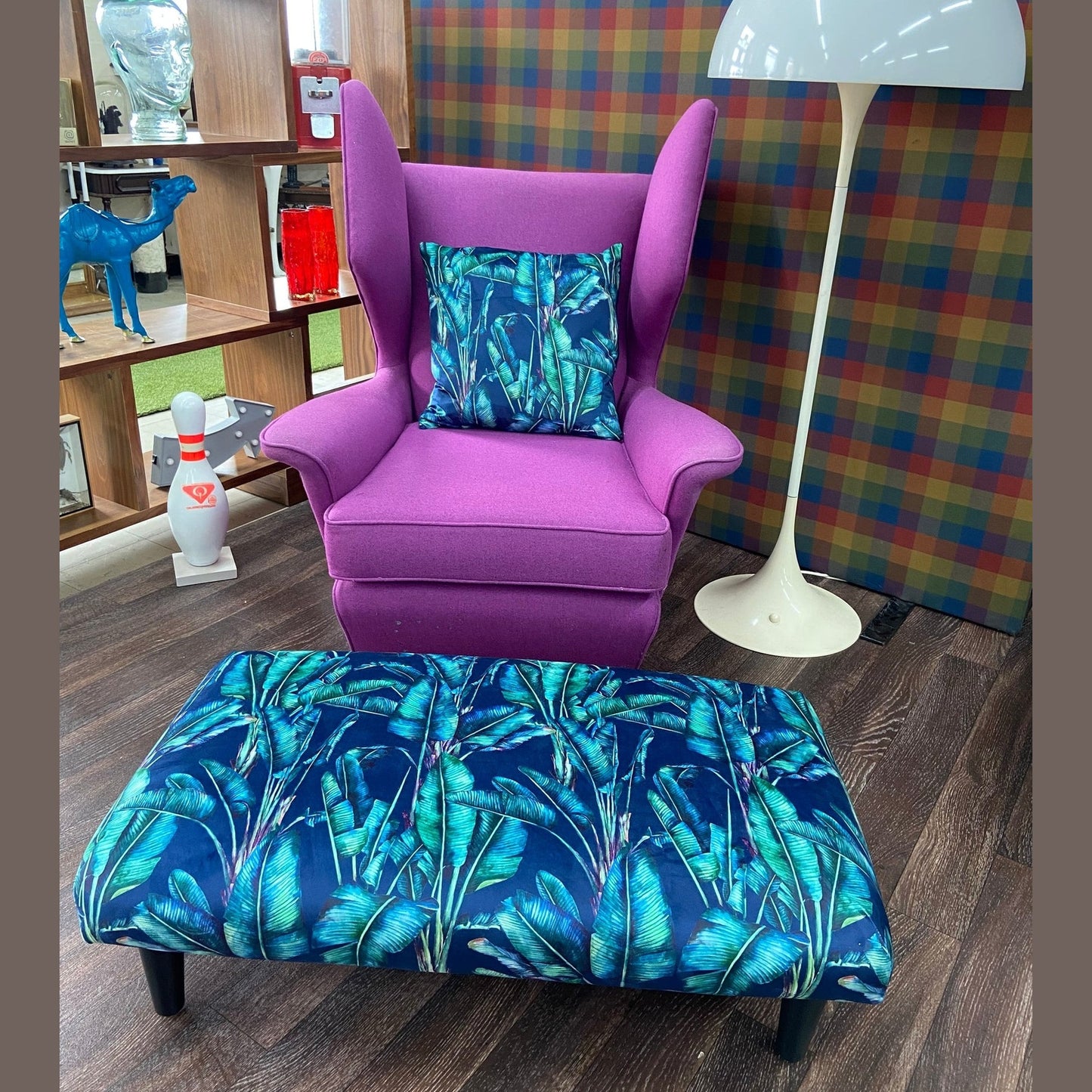 Tropical palm leaf velvet jungle Footstool