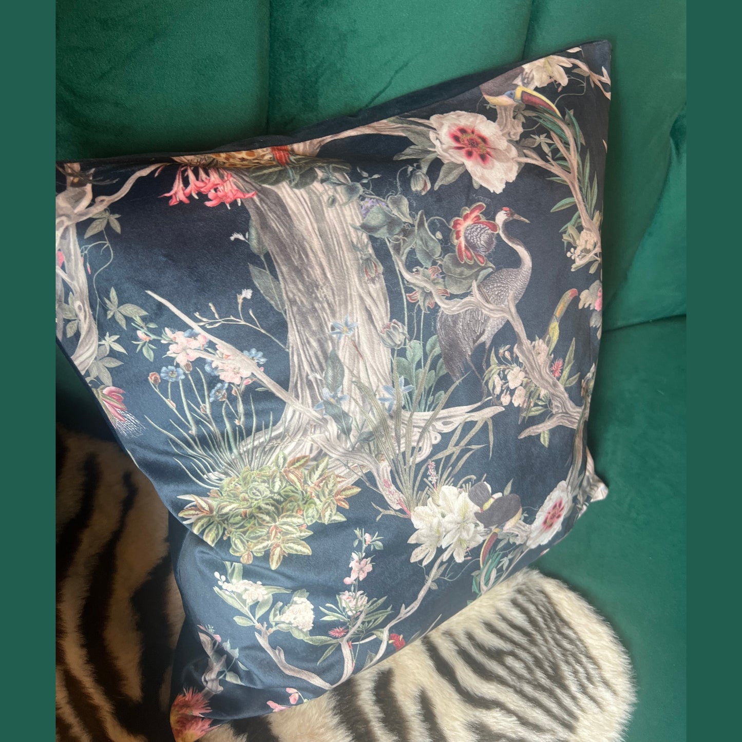 Oriental paradise luxury navy velvet cushion