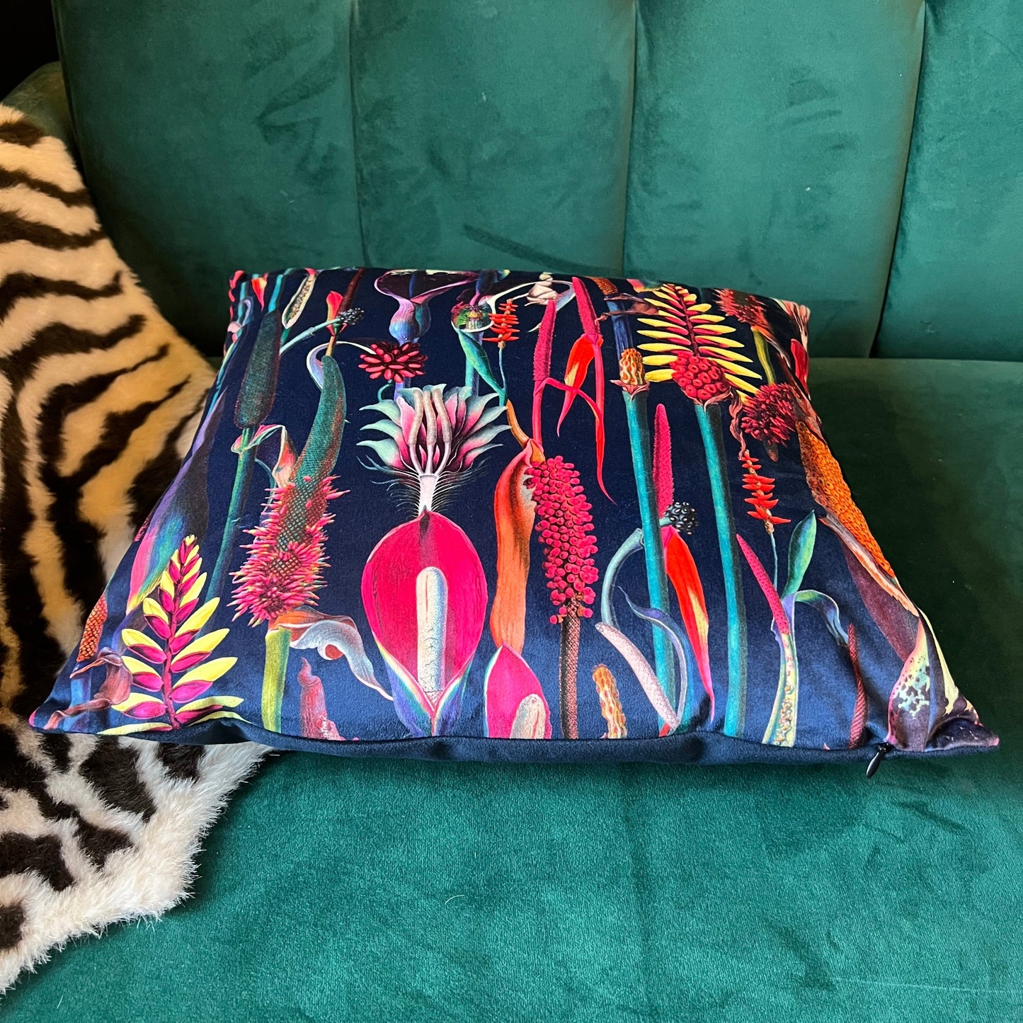 Botanical lily luxury navy velvet cushion