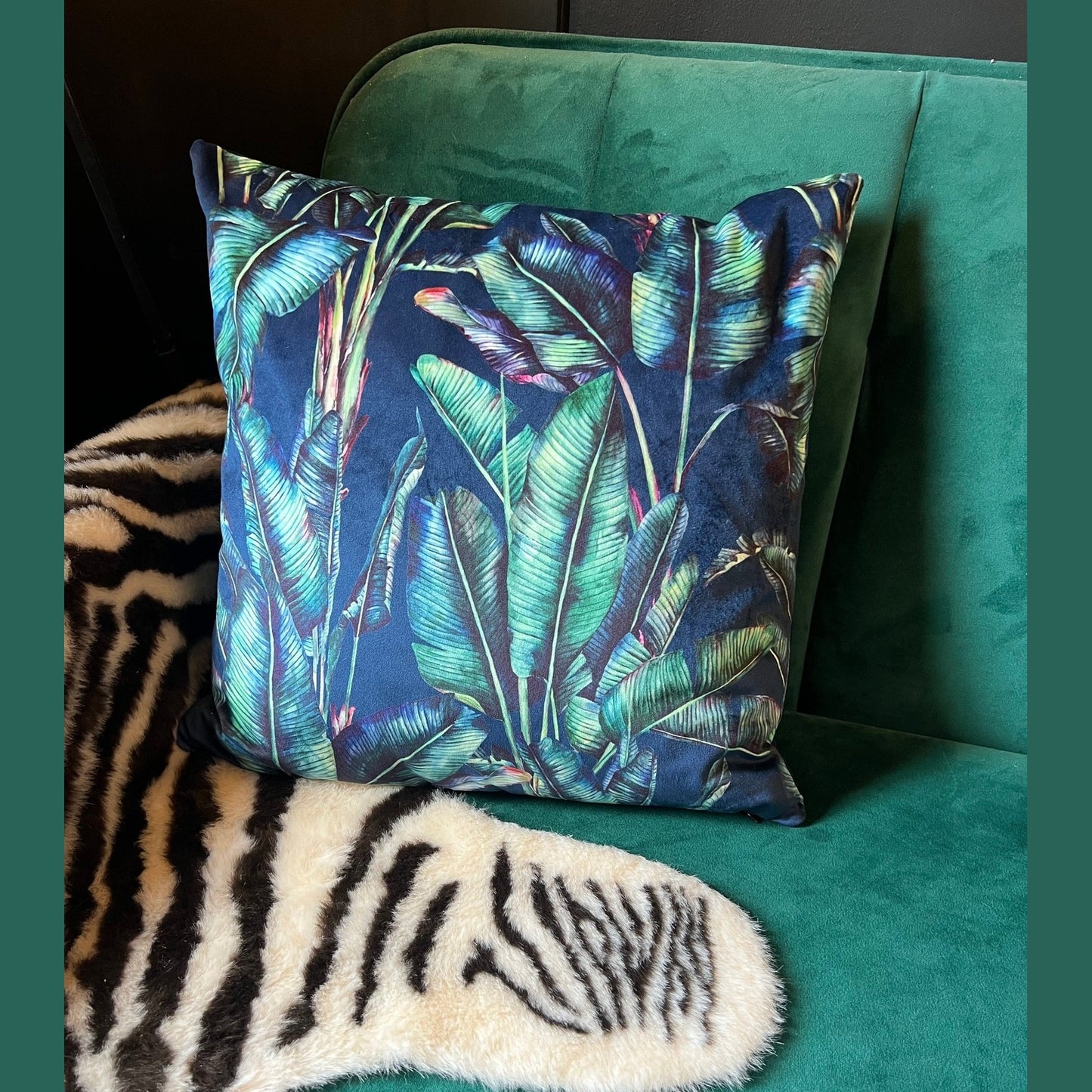 Palm leaf luxury navy velvet jungle cushion