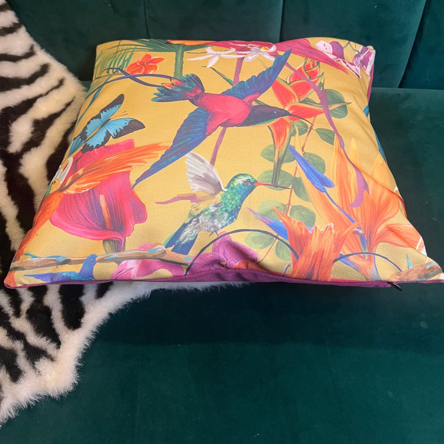 Tropical humming birds luxury velvet cushion