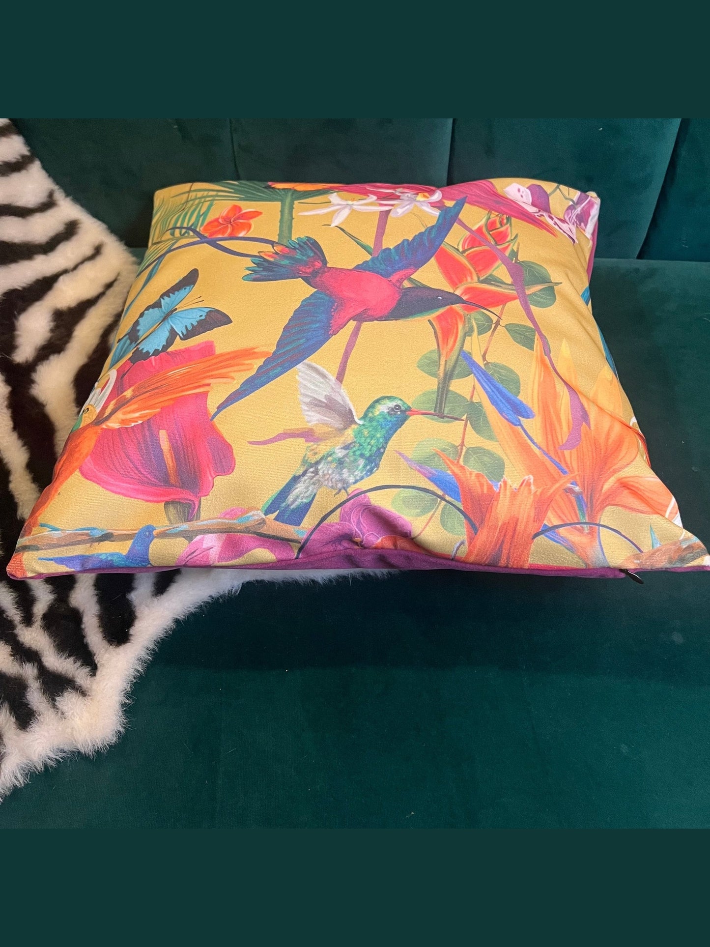Tropical humming birds luxury velvet cushion