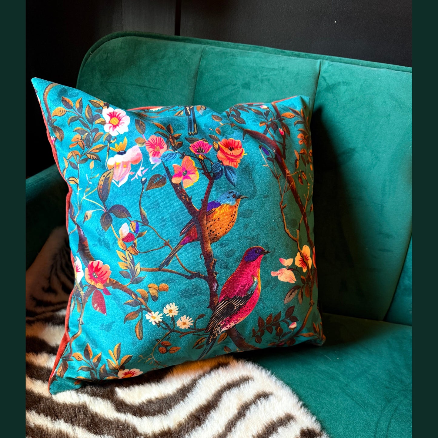 Perching birds teal velvet feather filled cushion