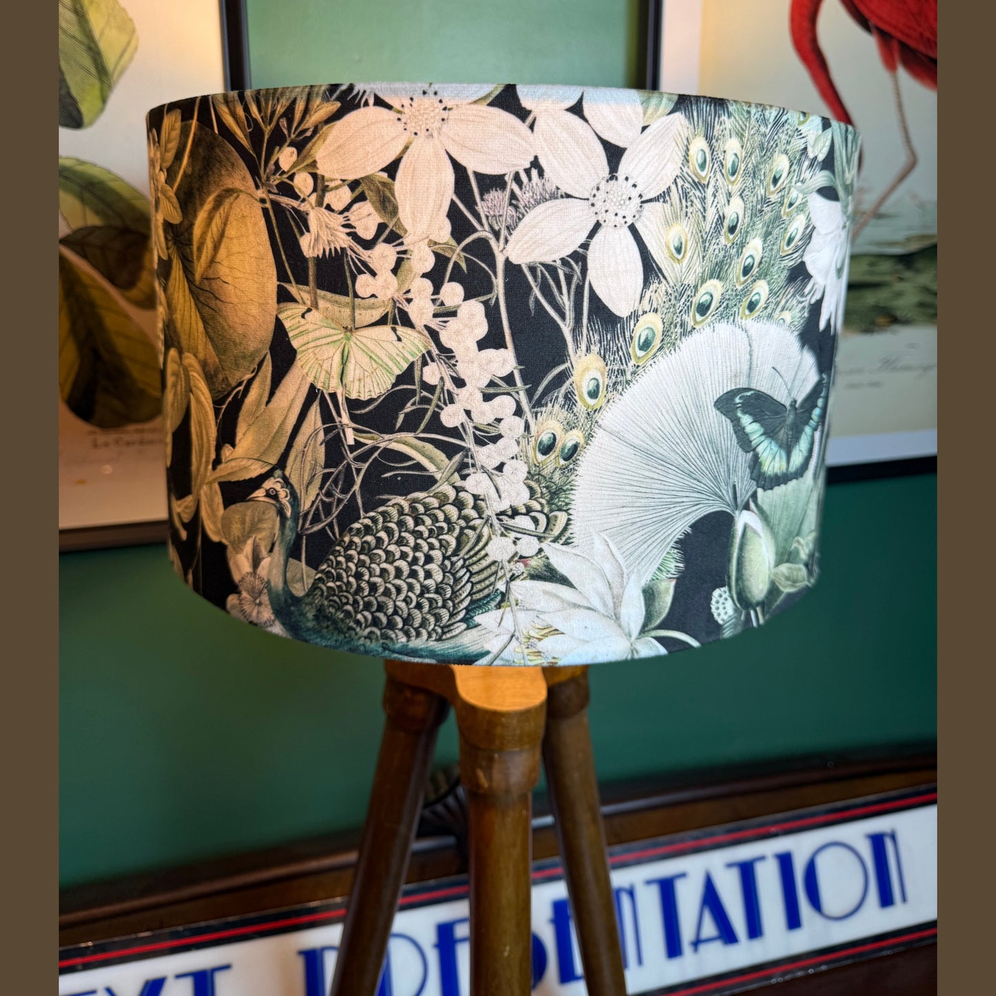 Peacocks & butterflies black velvet lampshade