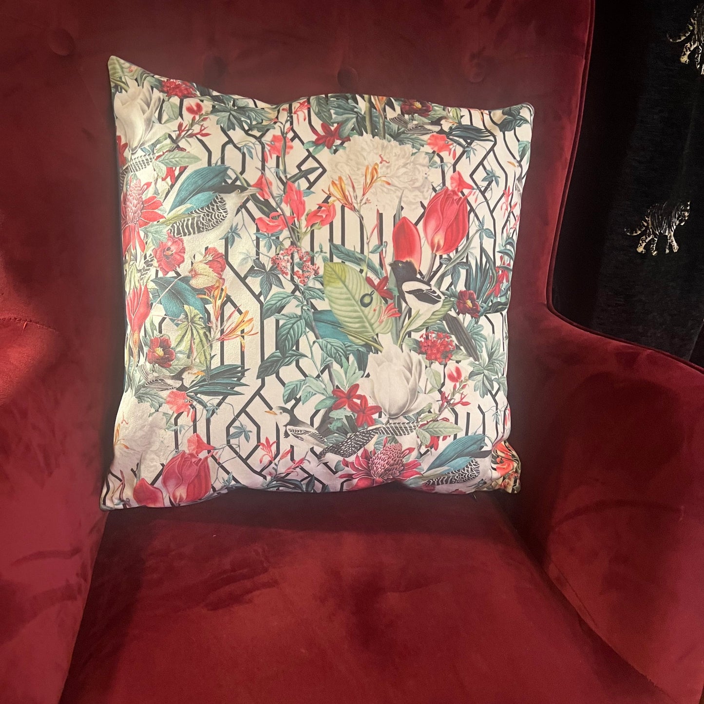 Geometric birds luxury white velvet cushion