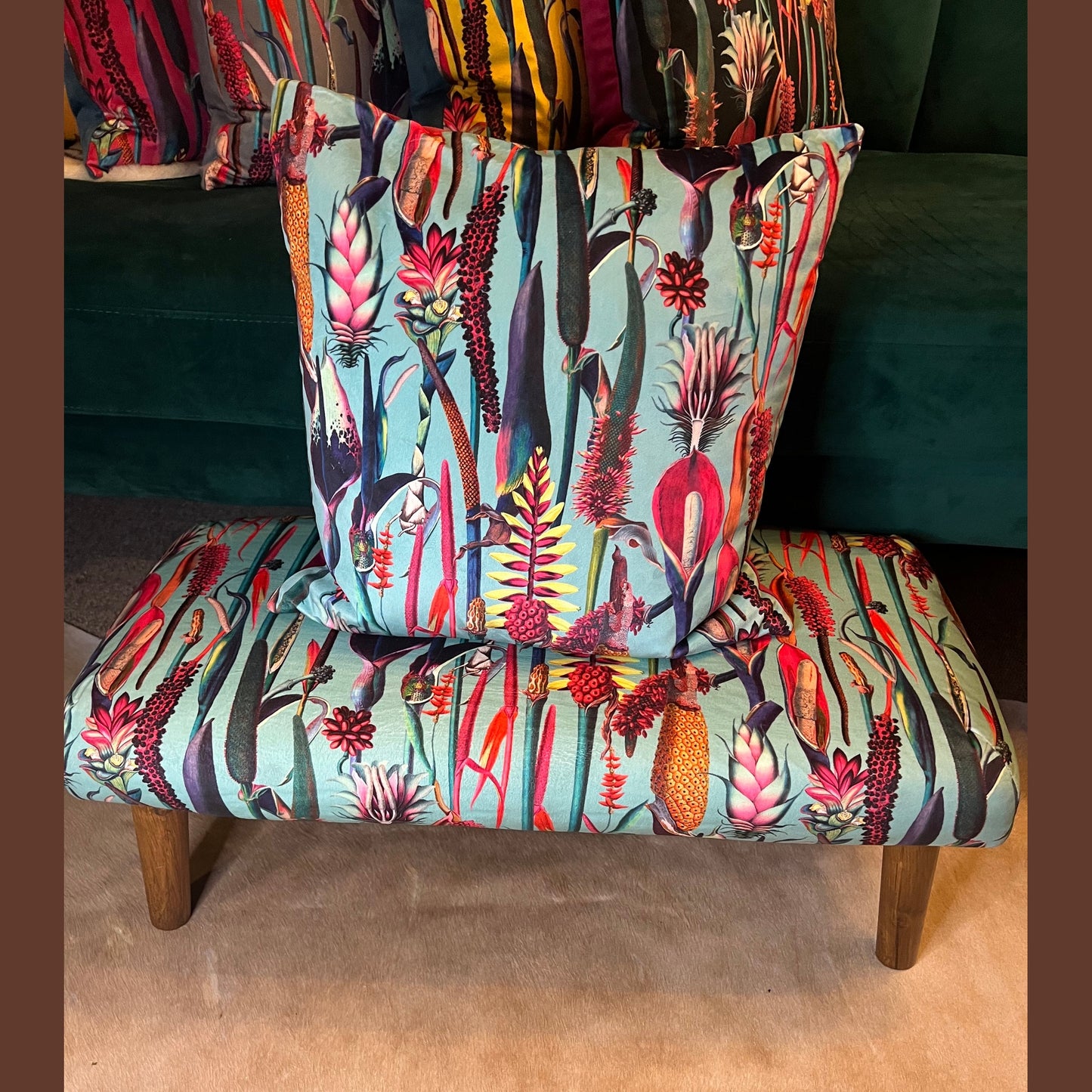 Turquoise botanical lily velvet Footstool