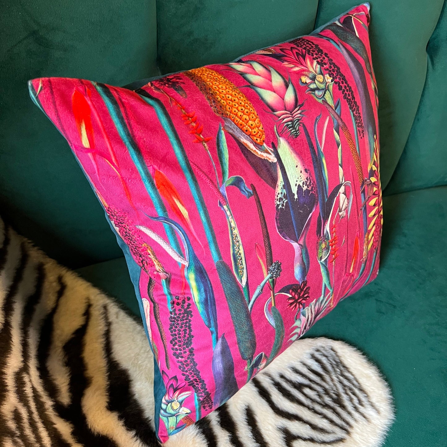 Botanical lily luxury hot pink velvet cushion