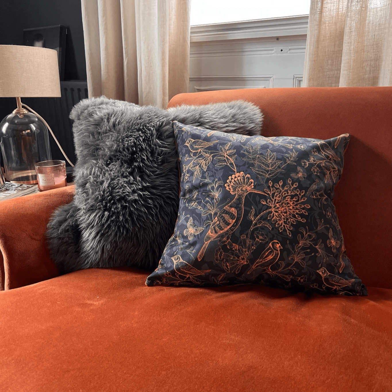 Rustic birds hoopoe bird luxury velvet cushion