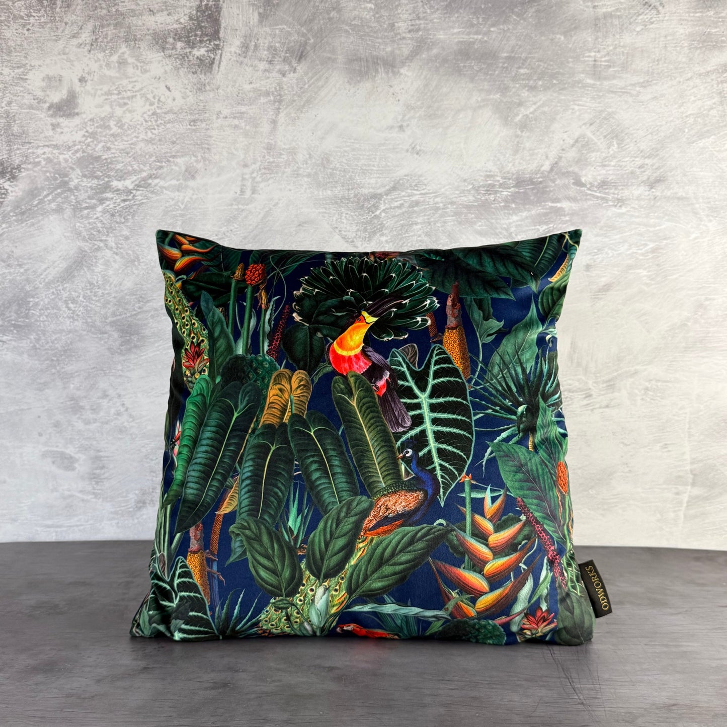 Rainforest jungle parrot toucan luxury navy velvet cushion