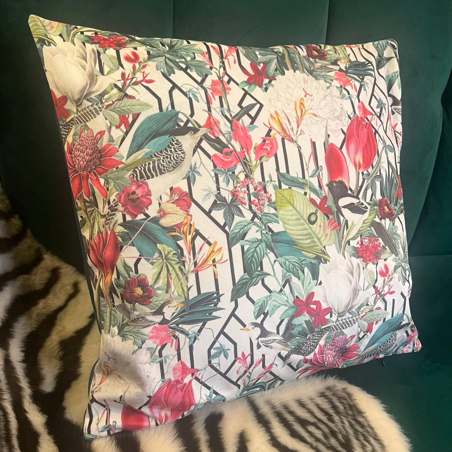 Geometric birds luxury white velvet cushion