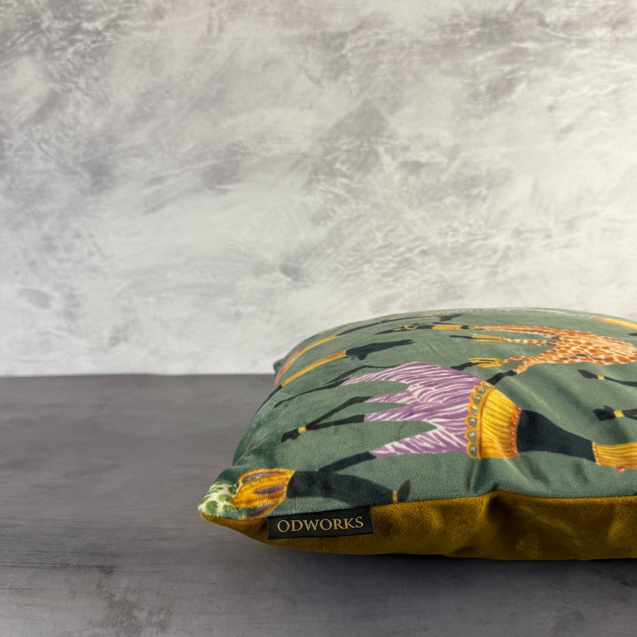 Giraffes In Jumpers | Green & Gold Velvet | Cushion