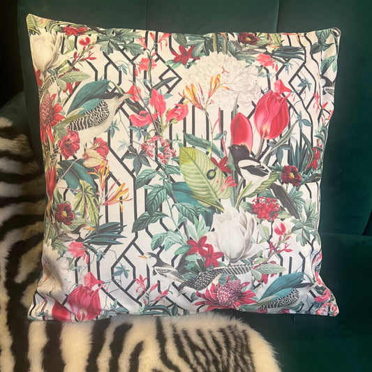 Geometric birds luxury white velvet cushion