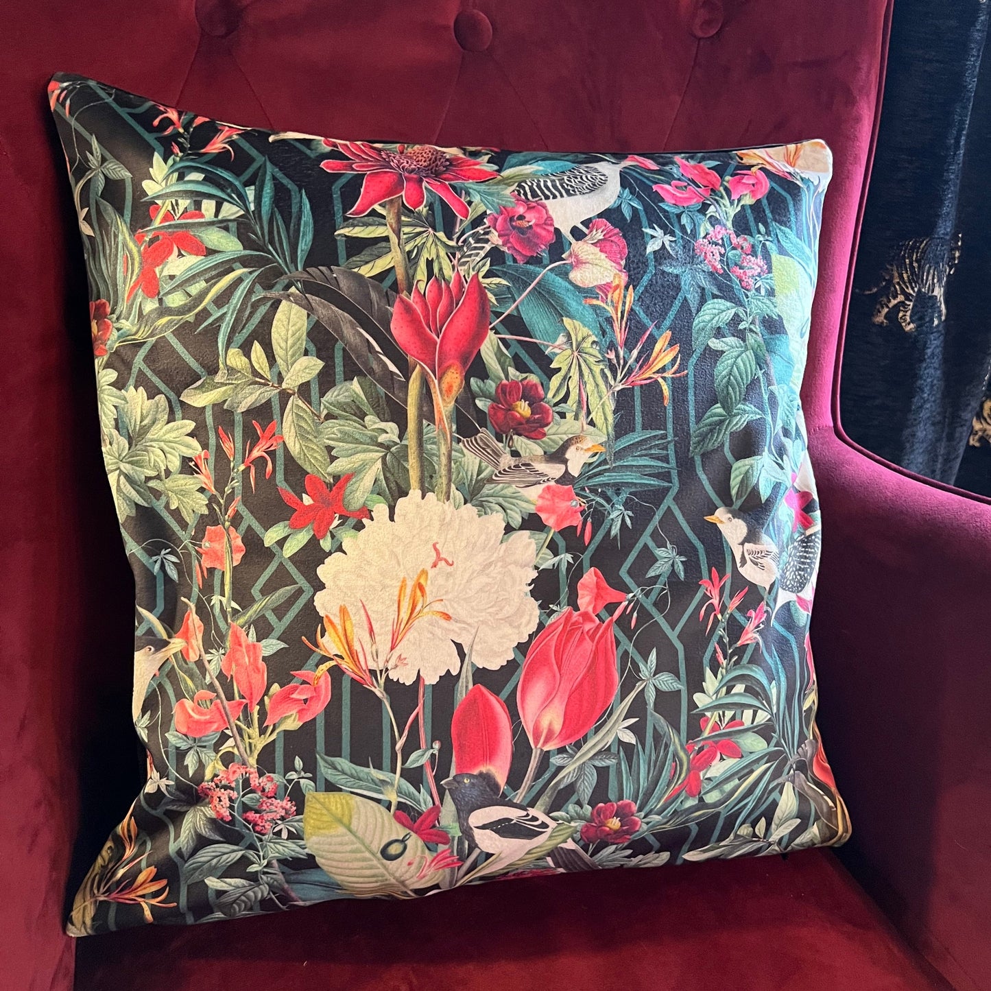 Geometric birds luxury black velvet cushion