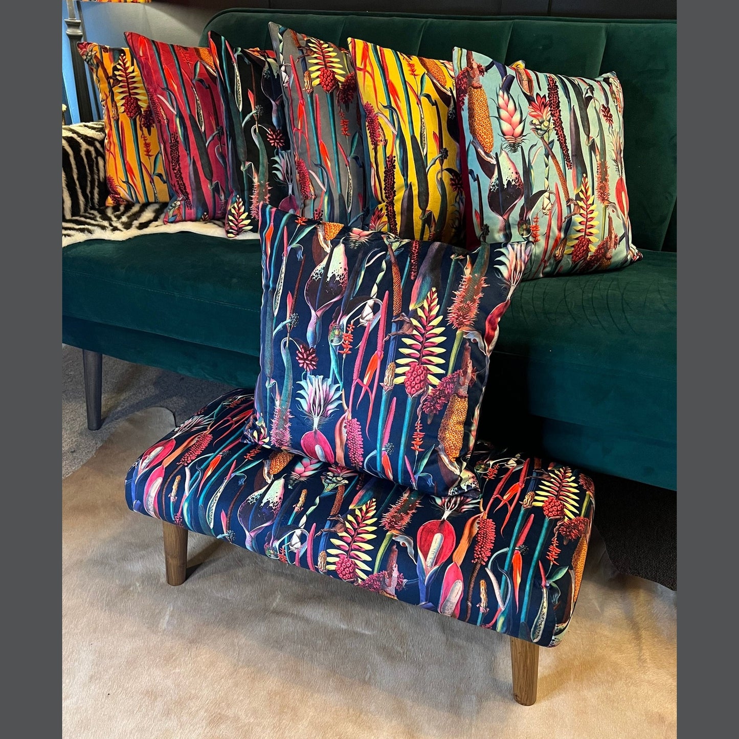 Botanical lily navy velvet Footstool