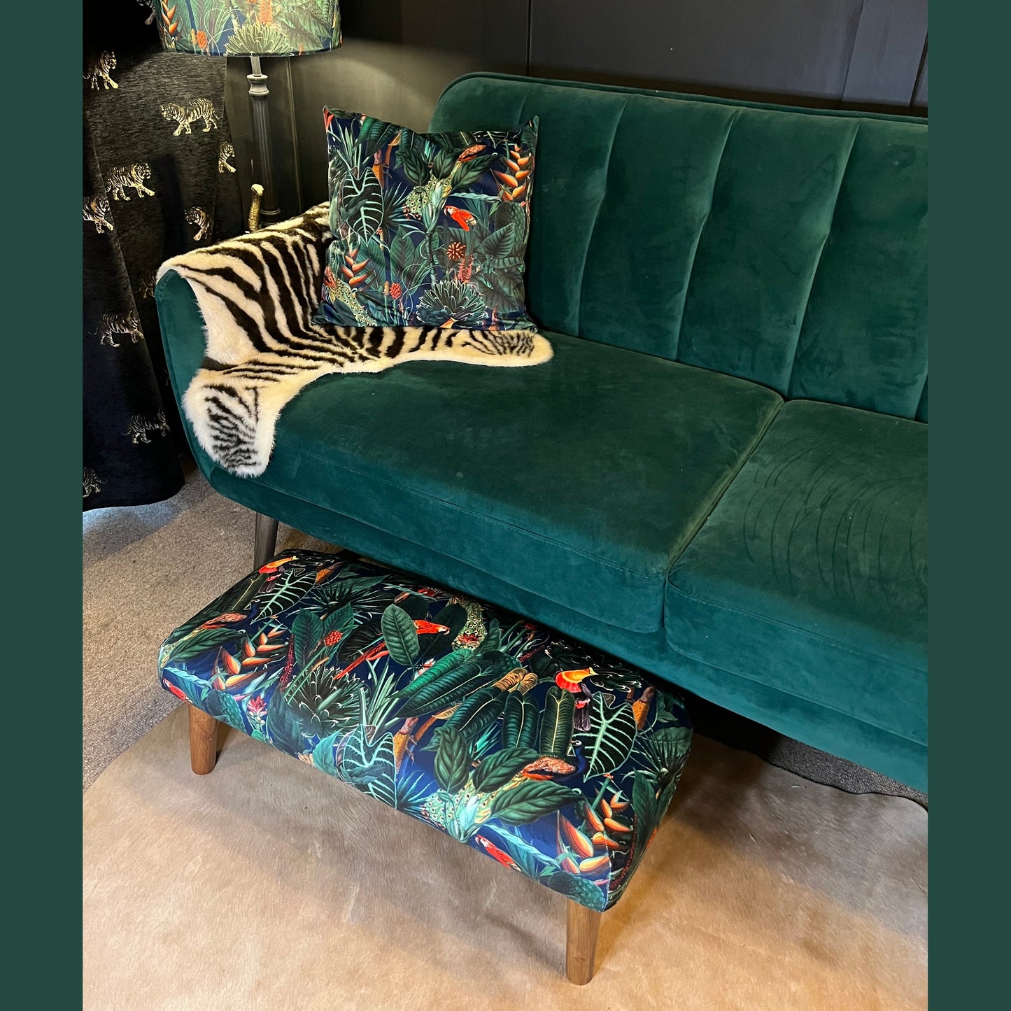 Rainforest jungle parrot toucan peacock luxury navy velvet Footstool