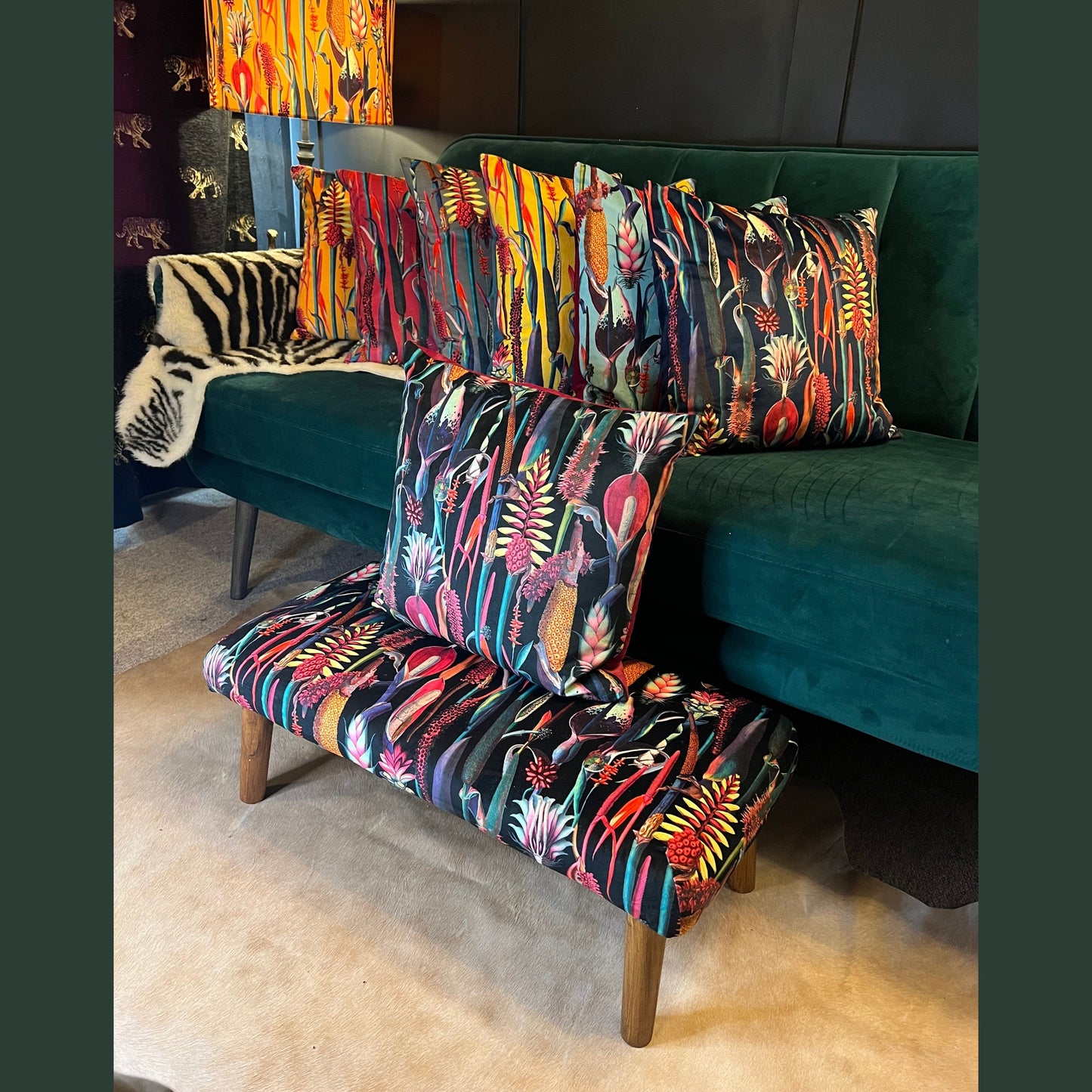 Botanical lily black velvet Footstool