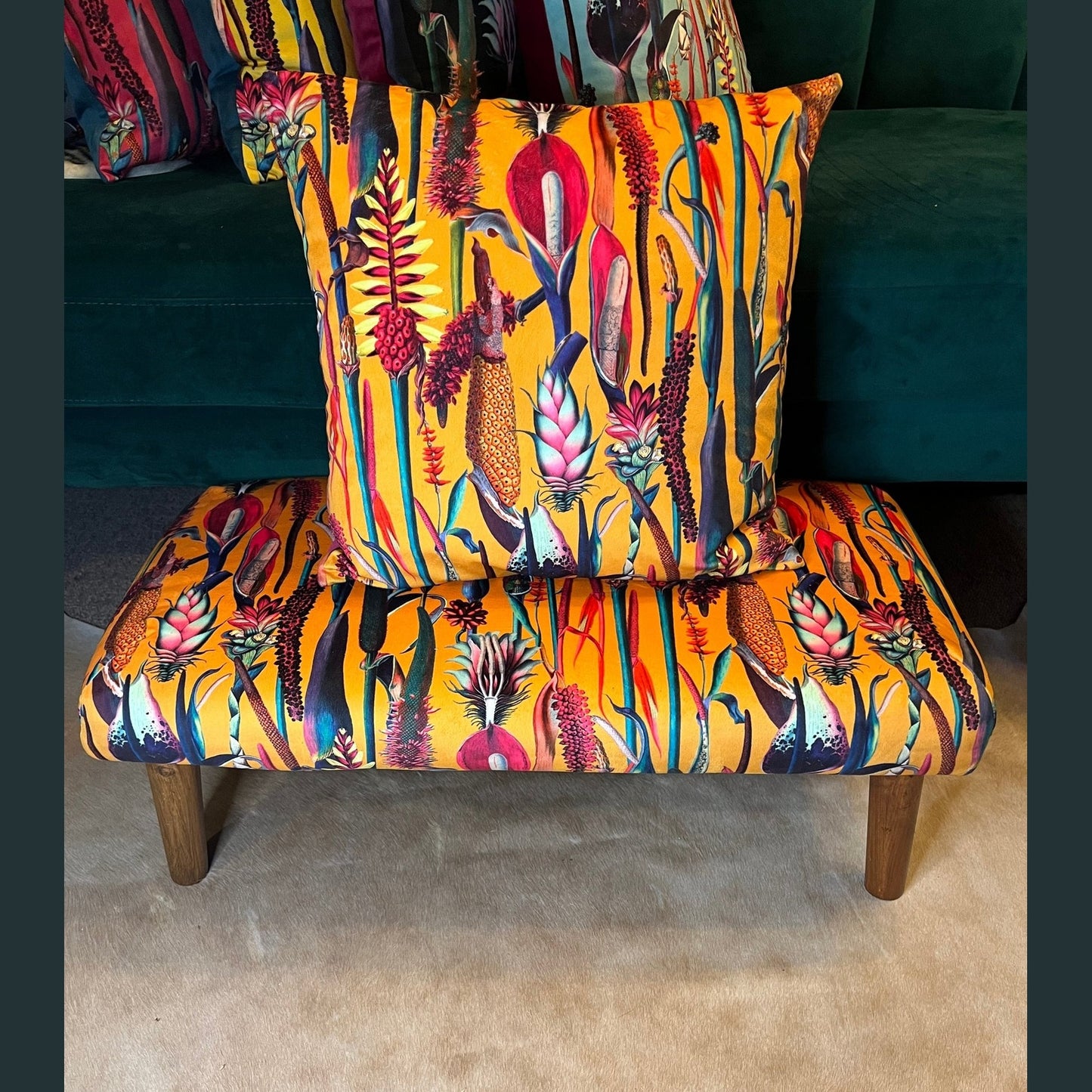 Botanical lily mustard velvet Footstool