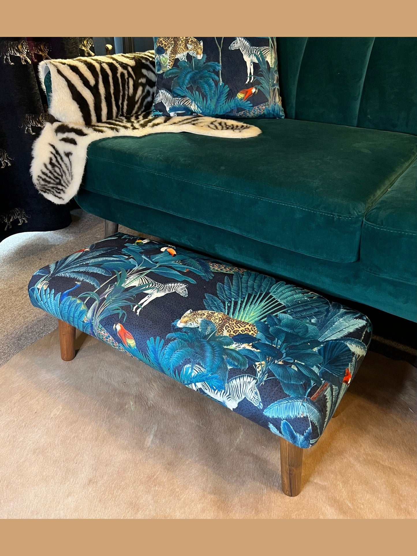 Tropical Jungle parrot & toucan velvet Footstool