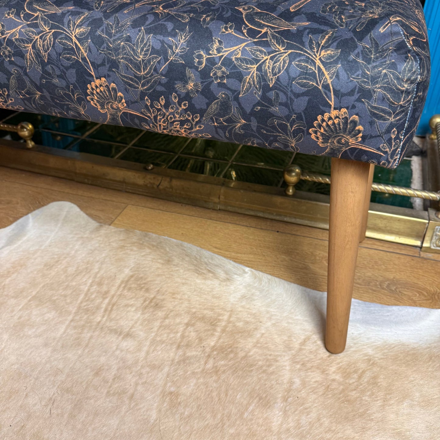 Rustic birds teal velvet bench seat / shoe seat / boot room bench