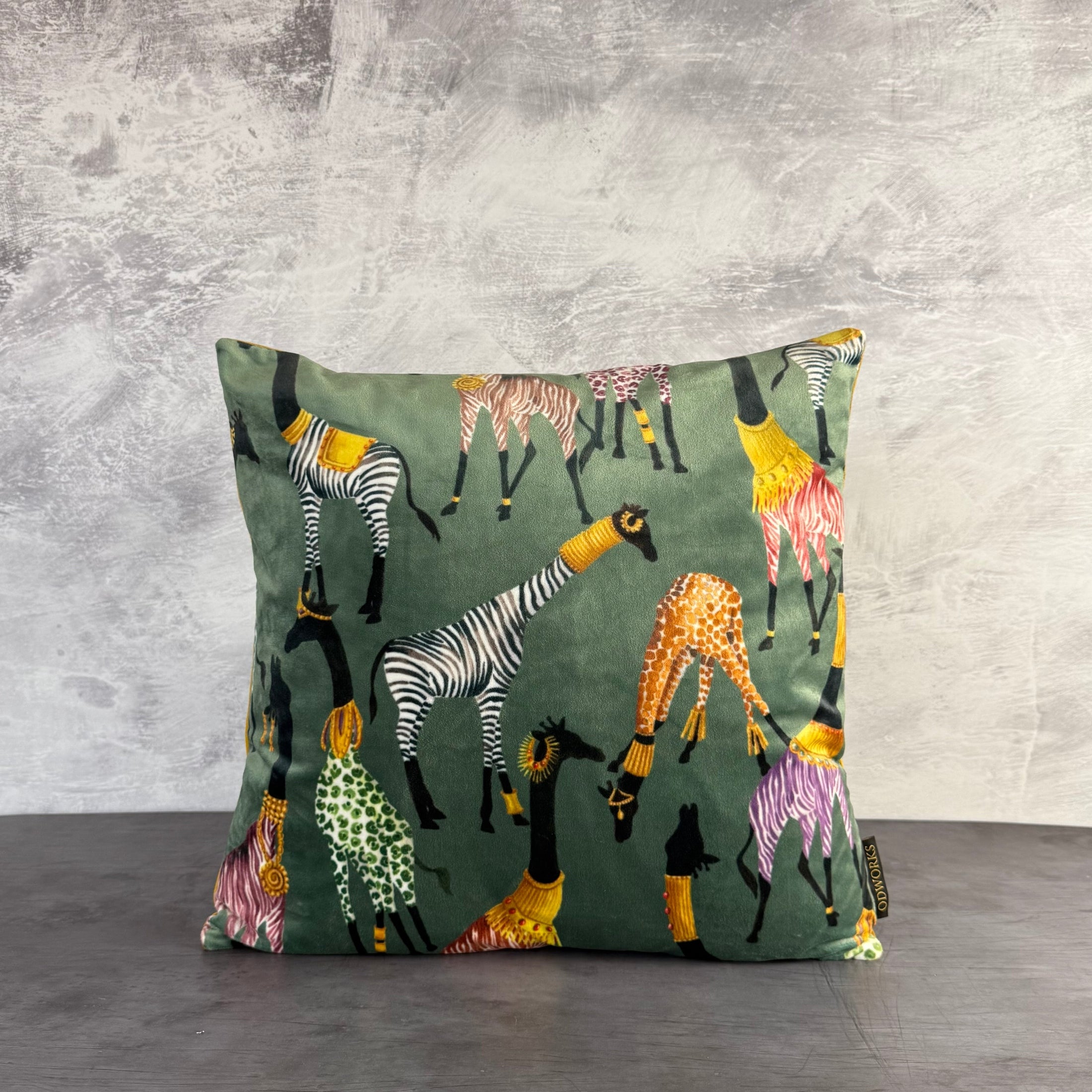 Giraffes In Jumpers | Green & Gold Velvet | Cushion
