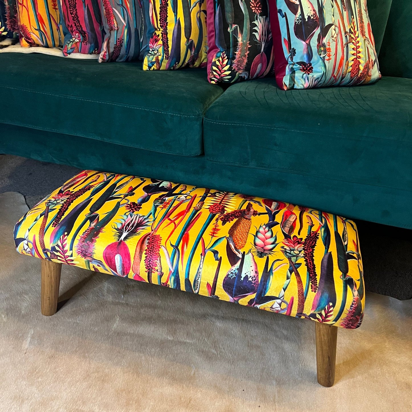 Yellow botanical lily velvet Footstool