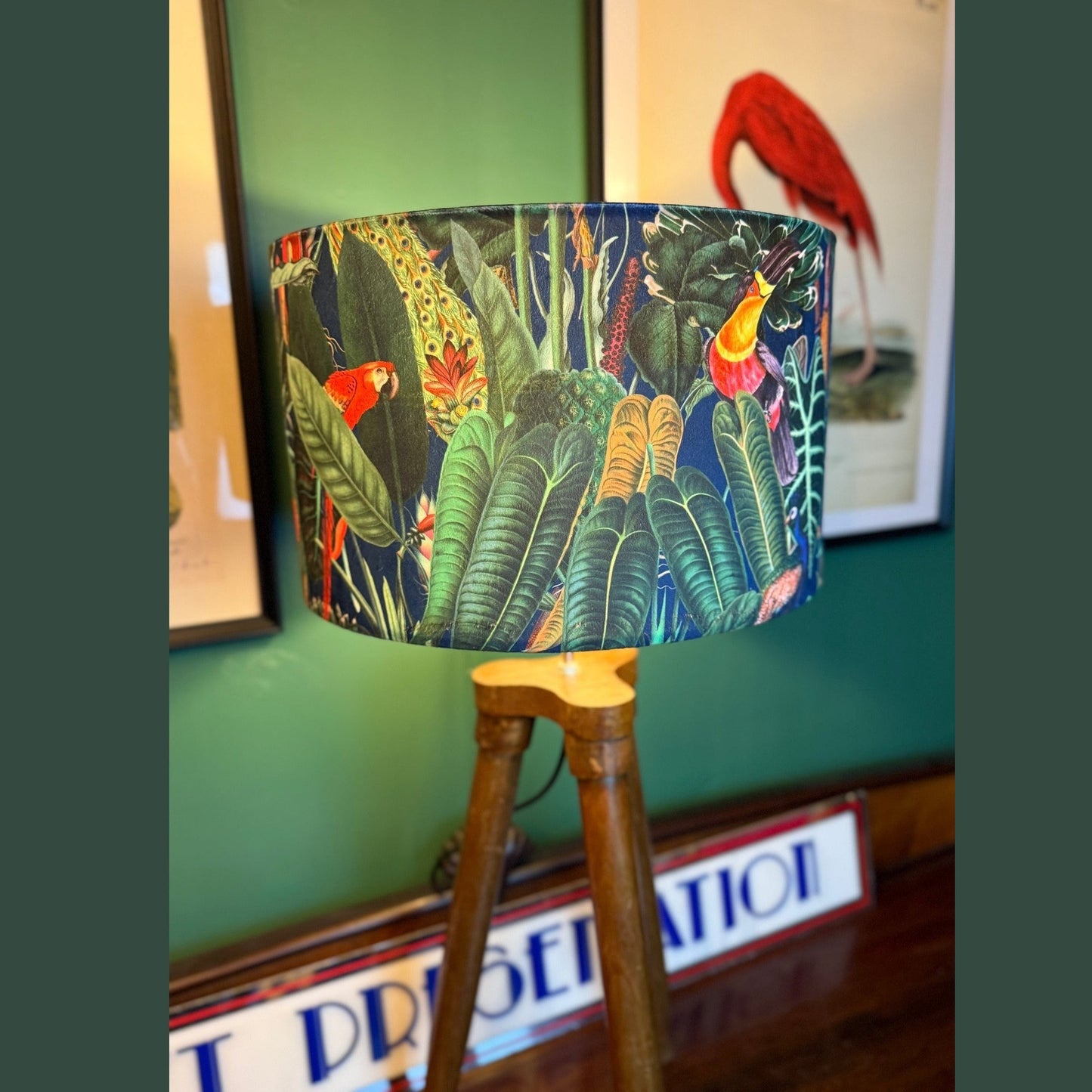 Rainforest navy velvet lampshade parrot toucan palm peacock jungle