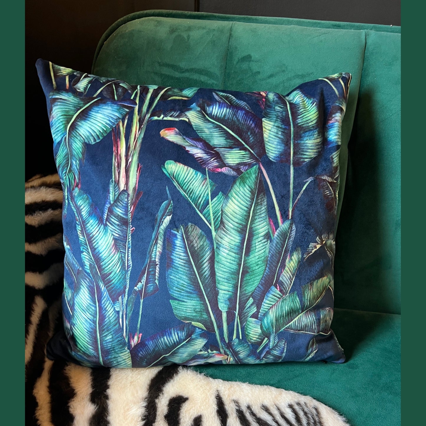 Palm leaf luxury navy velvet jungle cushion