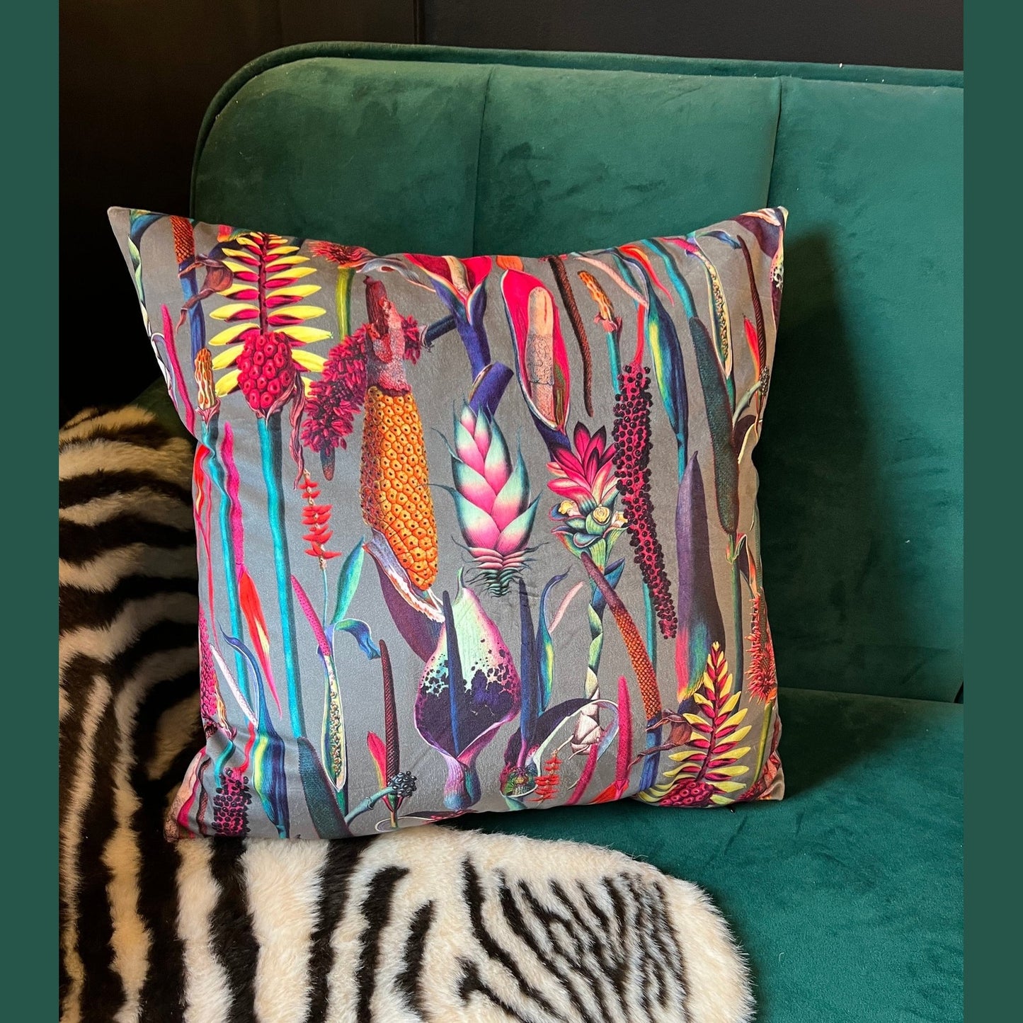 Botanical lily grey luxury velvet cushion