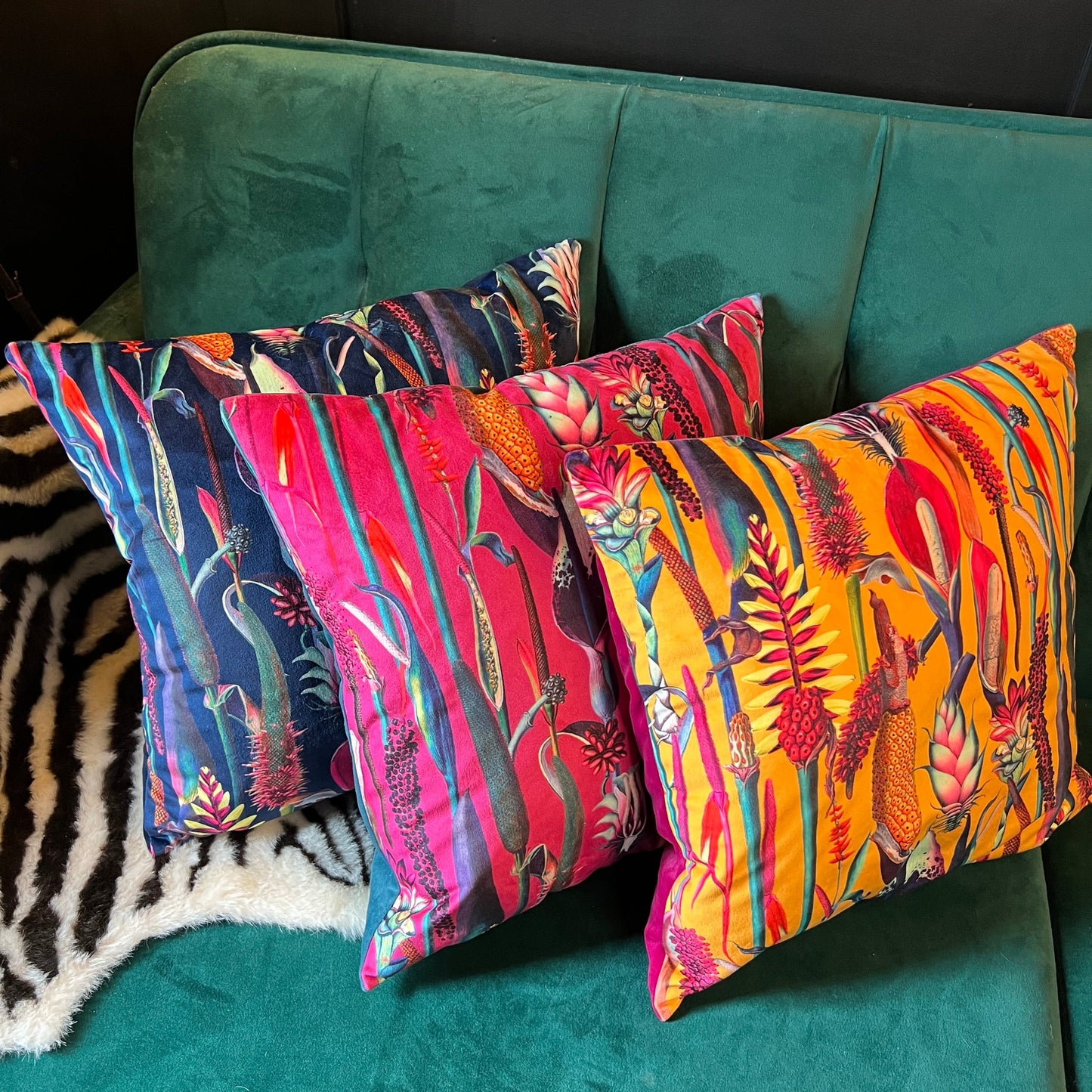 Botanical lily luxury navy velvet cushion