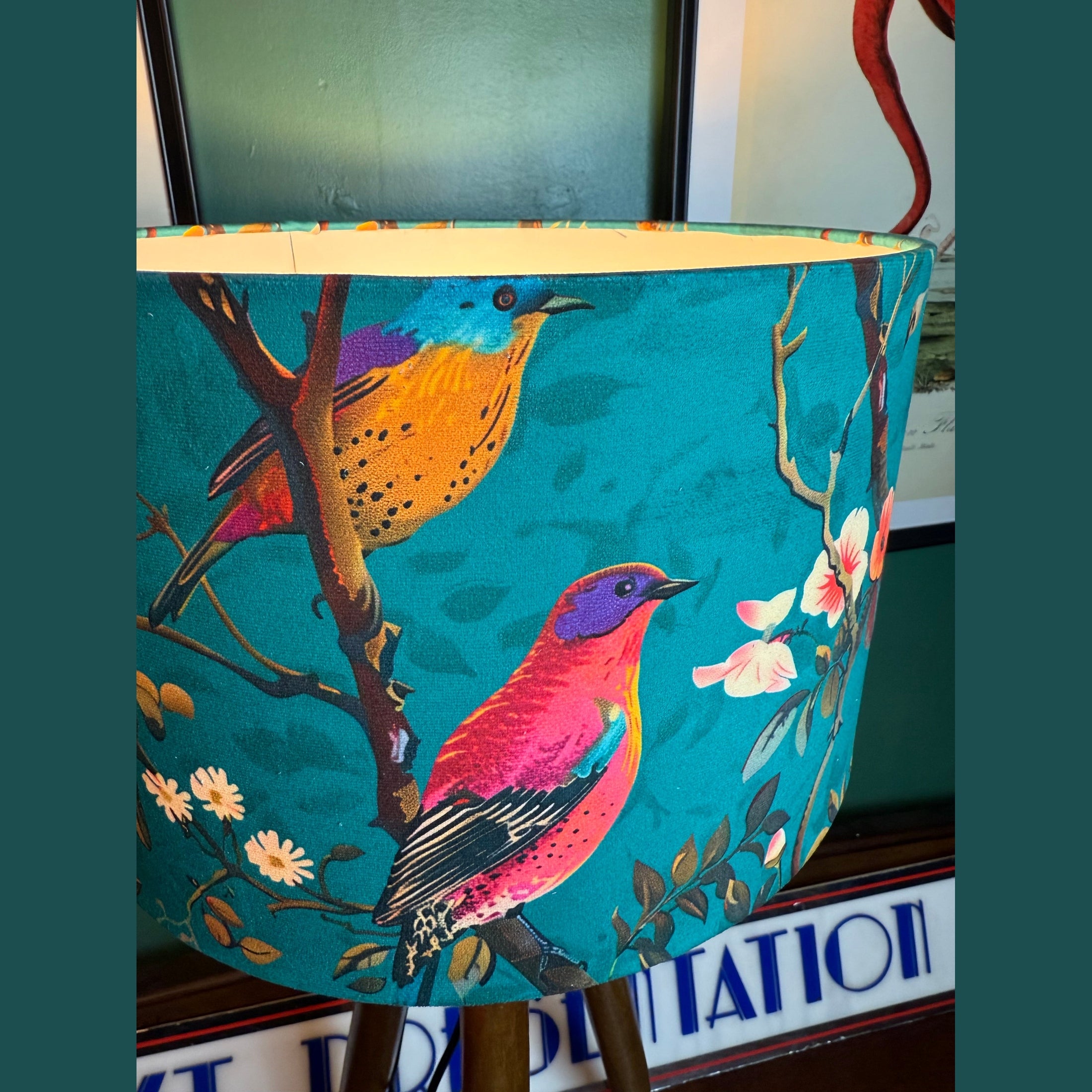 PERCHING BIRDS | TEAL & PINK VELVET | HANDMADE | Lampshade