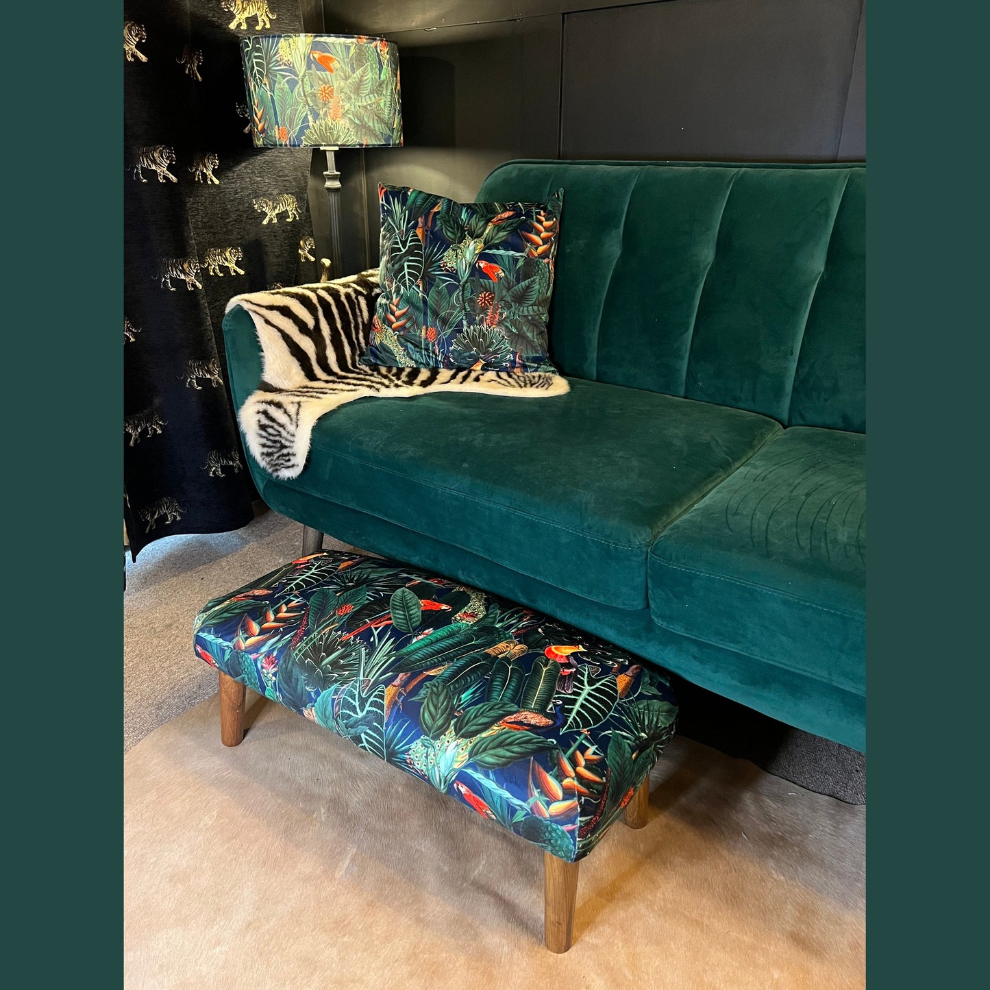 Rainforest jungle parrot toucan peacock luxury navy velvet Footstool