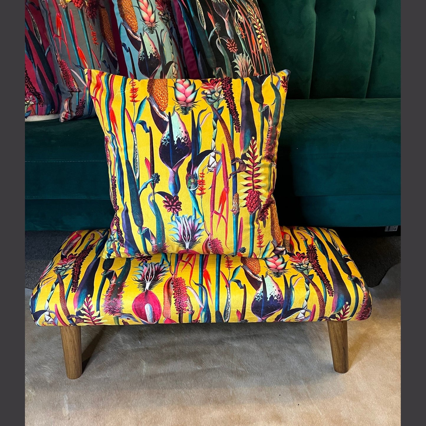 Yellow botanical lily velvet Footstool