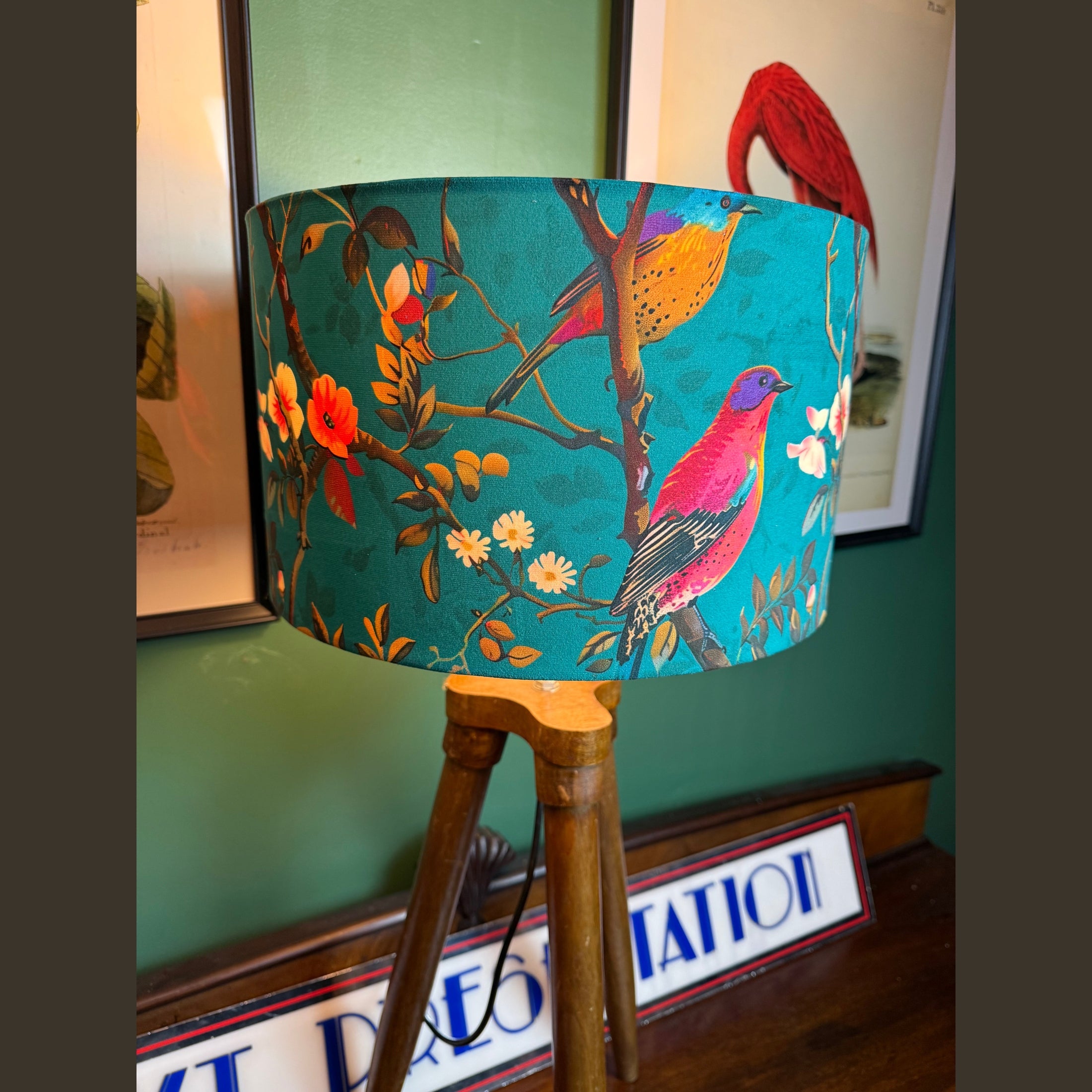 PERCHING BIRDS | TEAL & PINK VELVET | HANDMADE | Lampshade