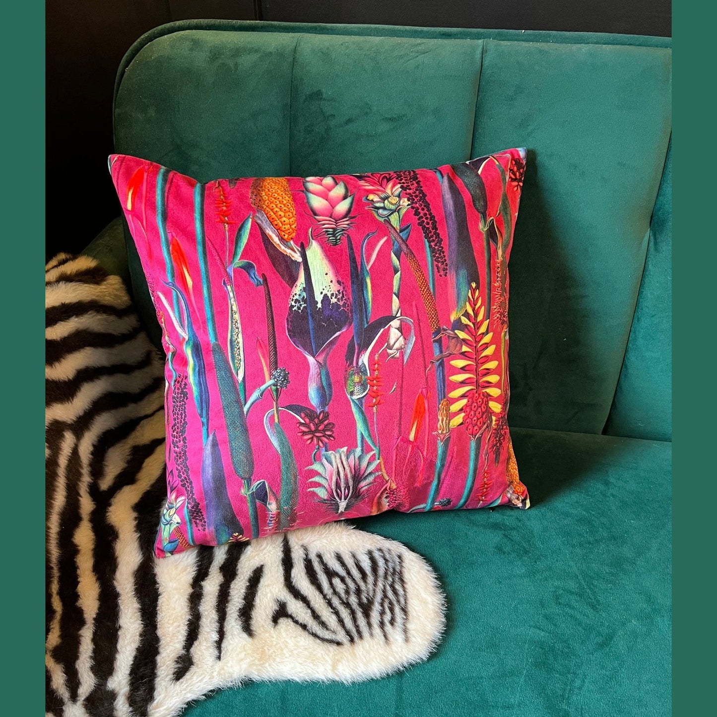 Botanical lily luxury hot pink velvet cushion