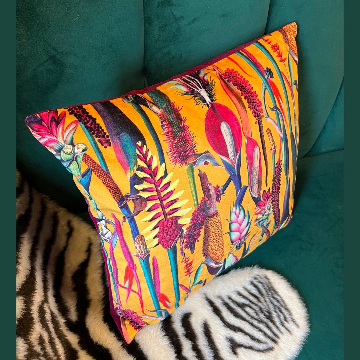 Botanical lily luxury mustard velvet cushion