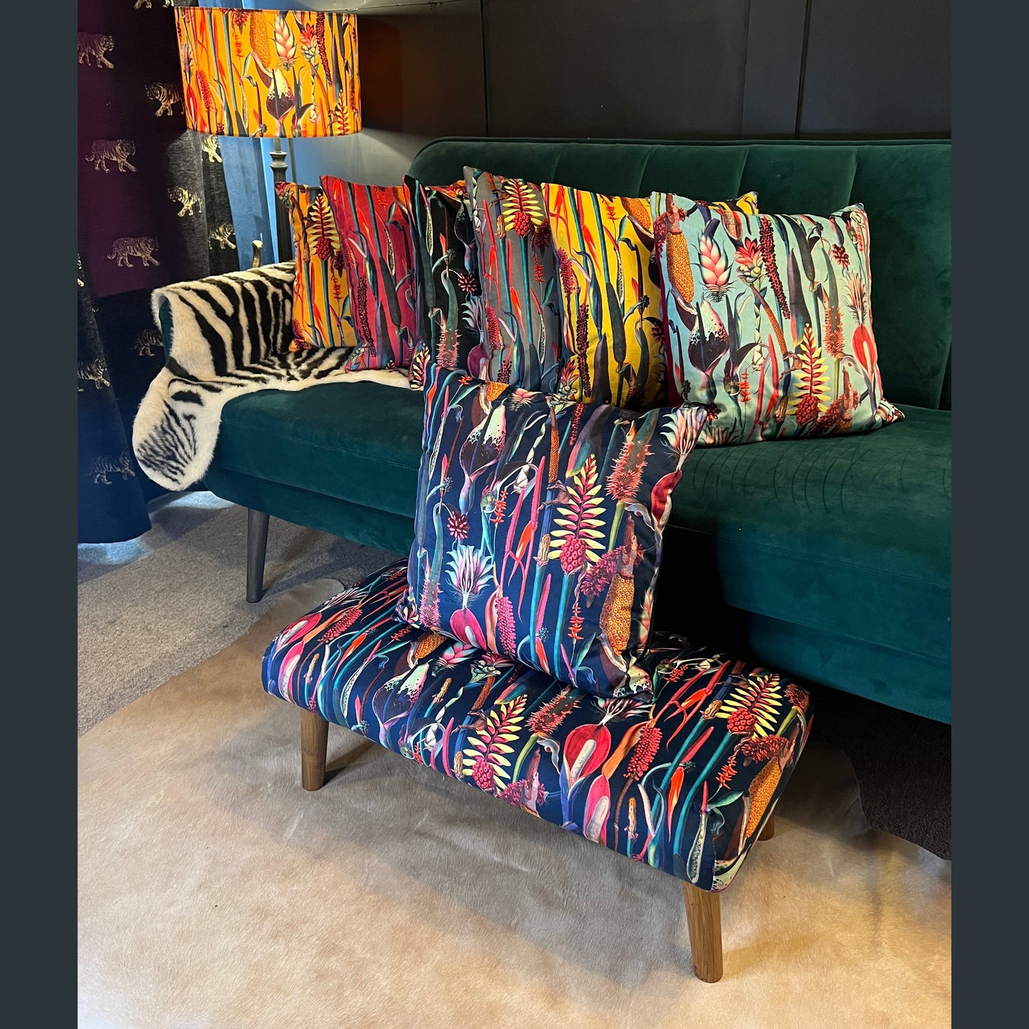 Botanical lily navy velvet Footstool