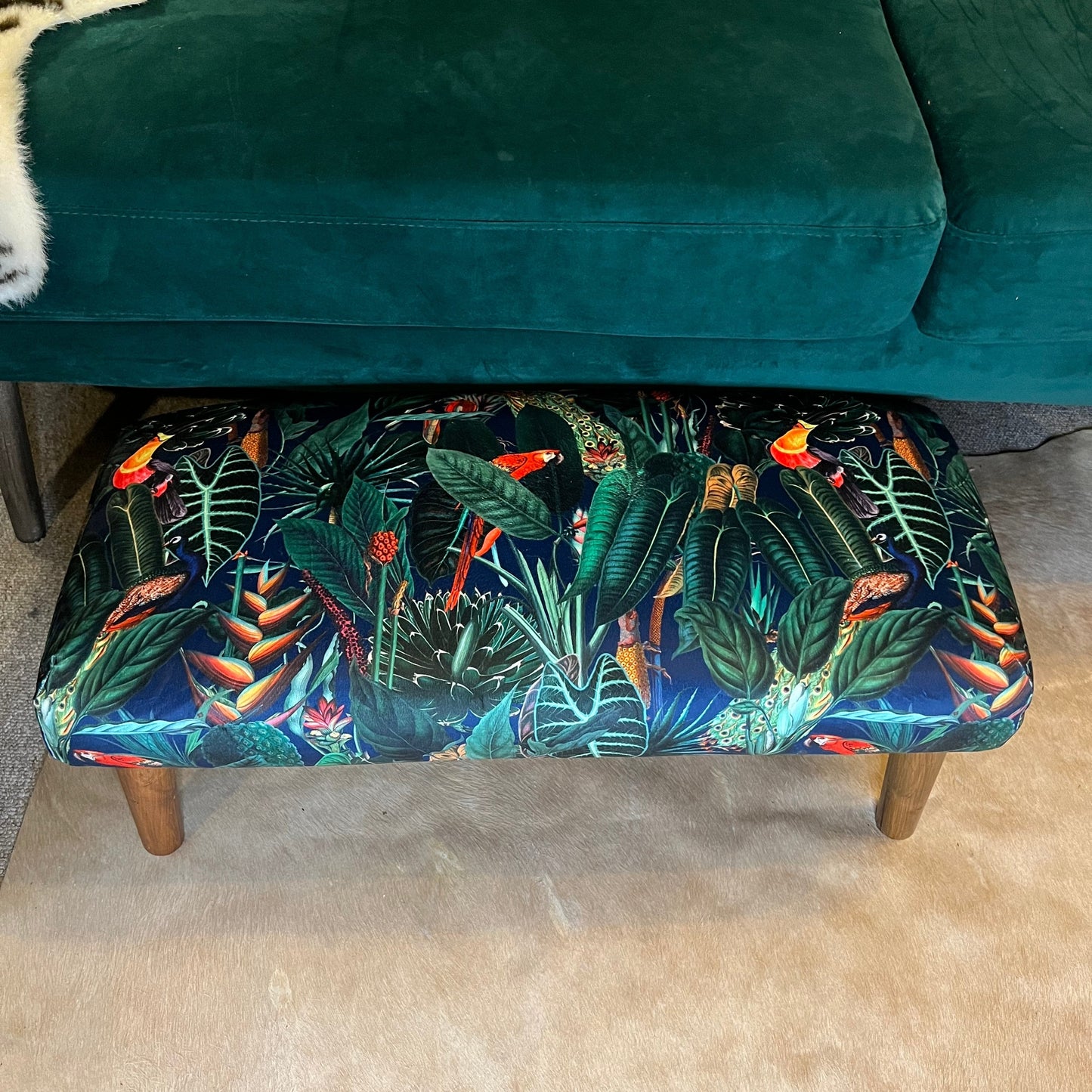 Rainforest jungle parrot toucan peacock luxury navy velvet Footstool